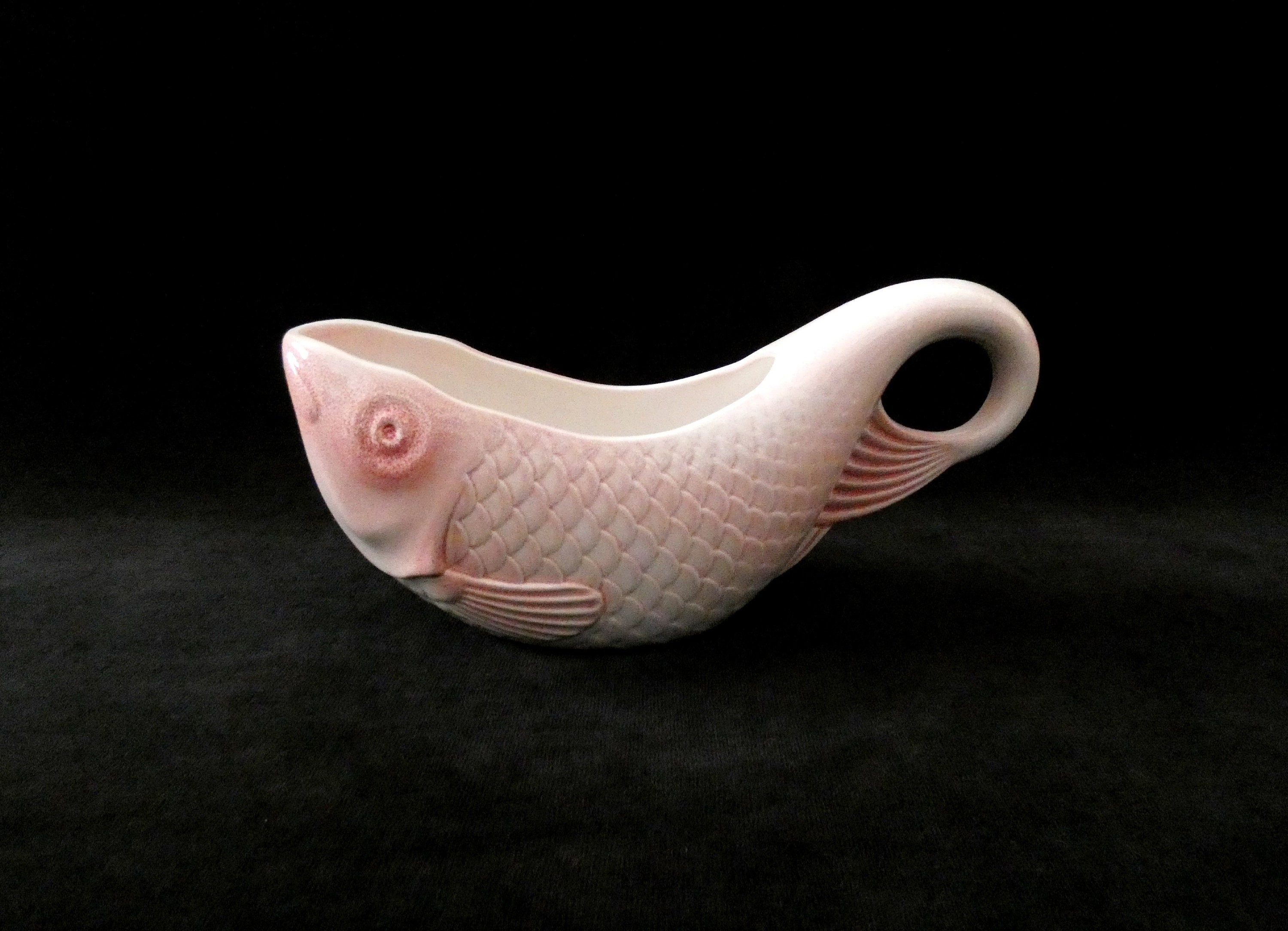 Vintage French Fish Shaped Gravy Boat, Pink Majolica Sauce Boat, Salins