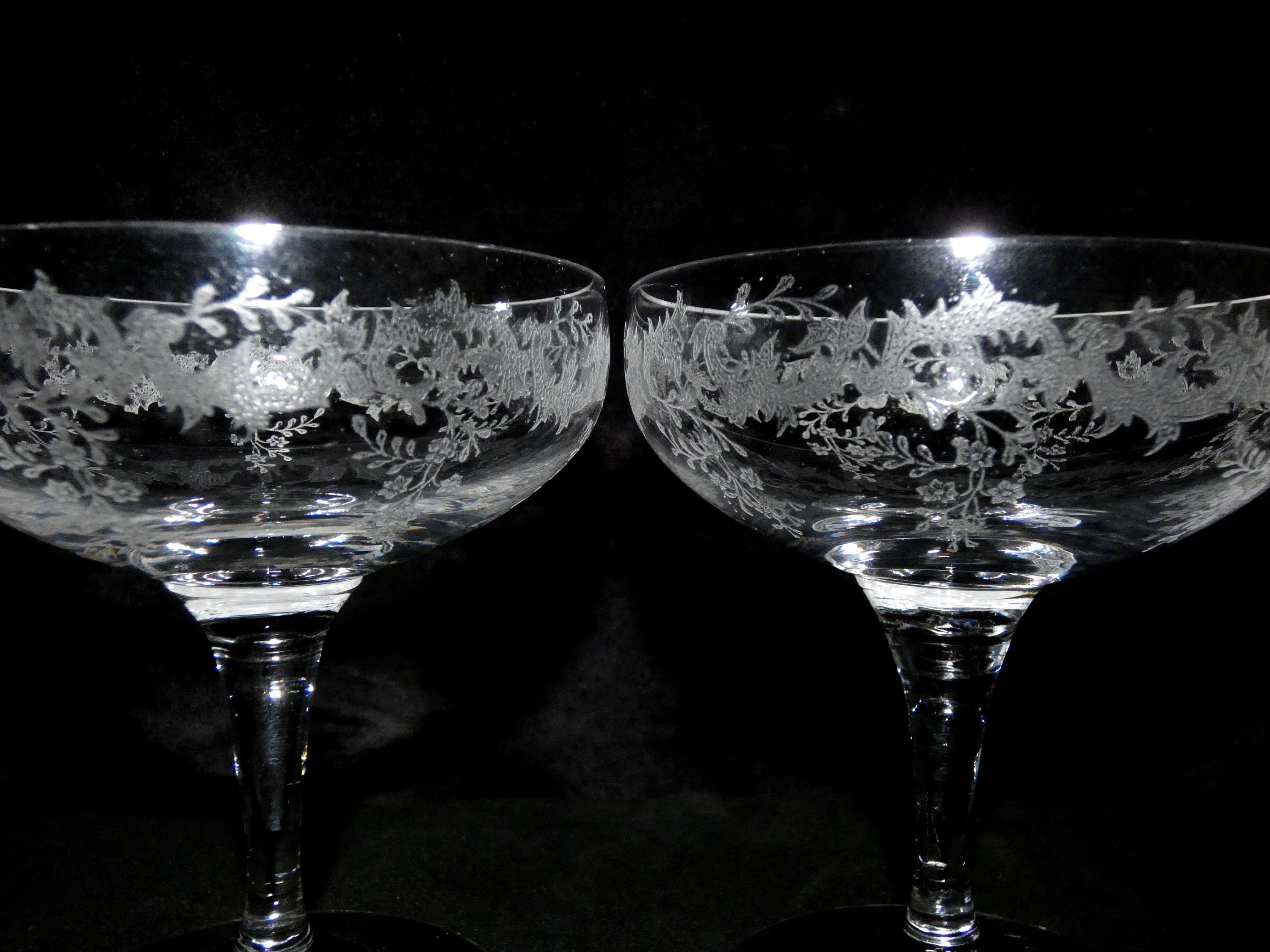 2 Antique French Crystal Champagne Glasses, Retro Engraved Champagne