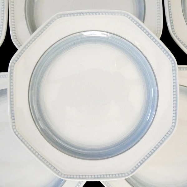 6 assiettes Longchamp vintage, ensemble d’assiettes plates en céramique Français, assiettes en majolique bleues et blanches des années 50