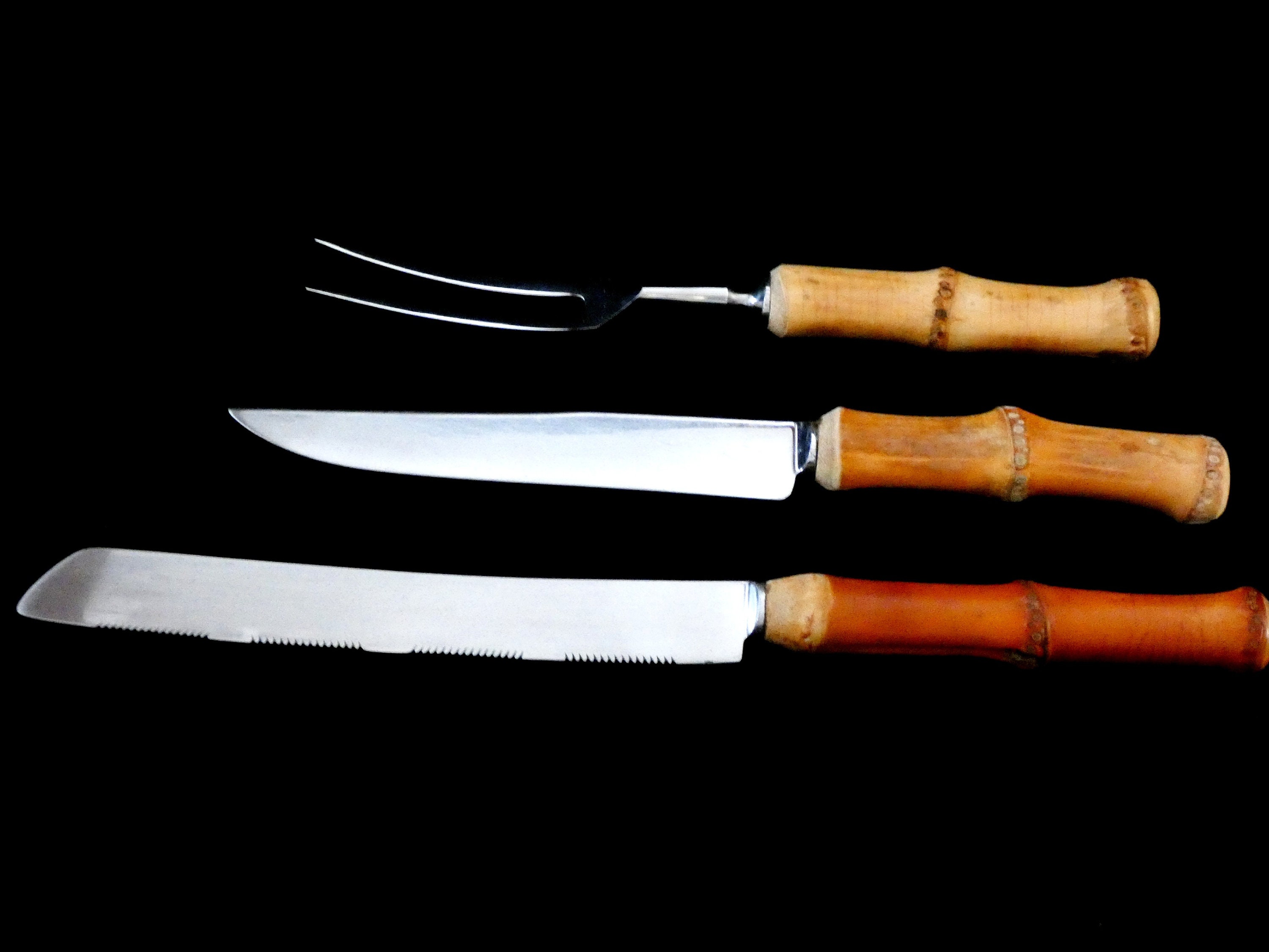 3 Bamboo Handle Serving Set, Handmade Natural Bamboo Cutlery Set and