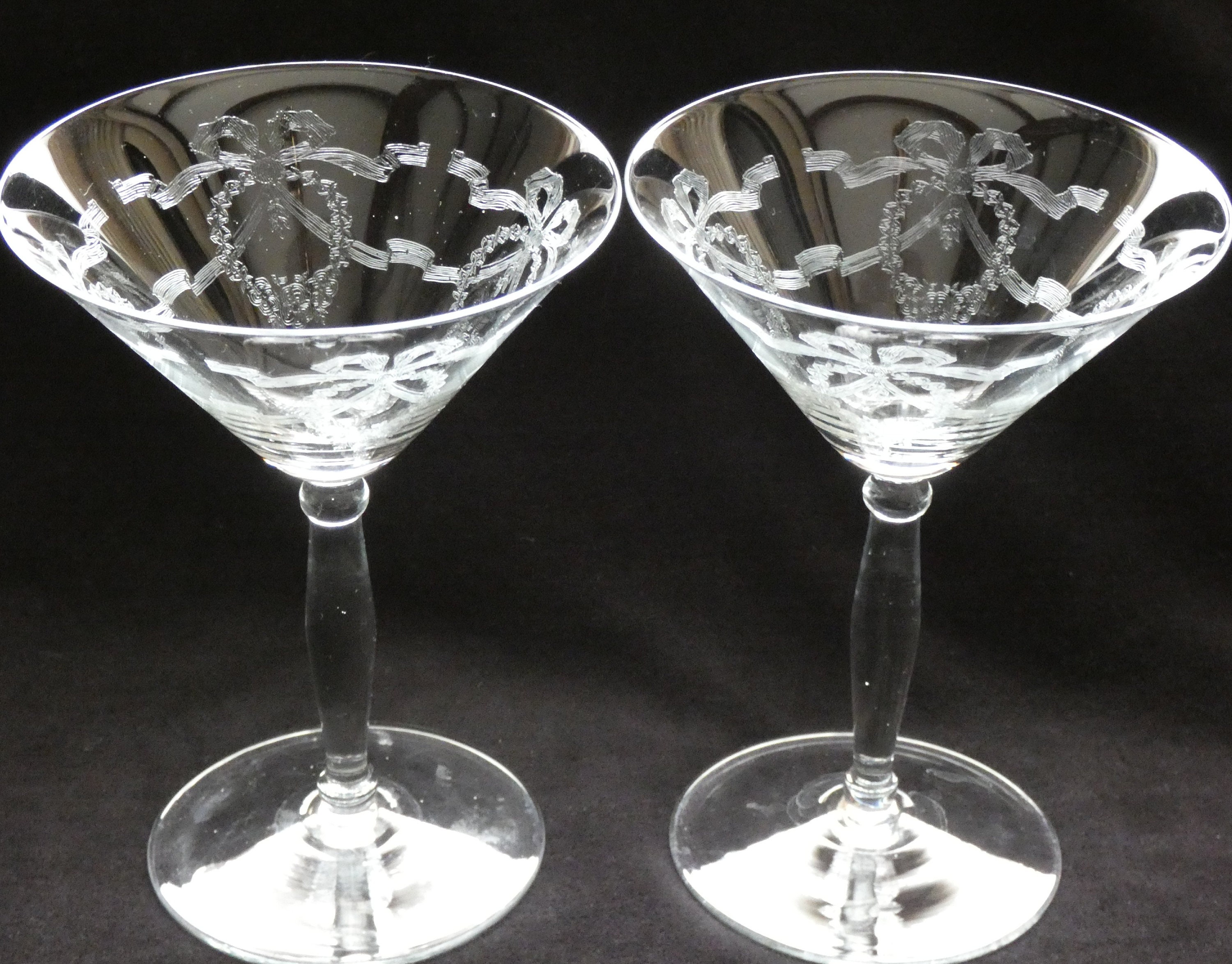 2 Vintage 1950s Italian Champagne Glasses Etched Crystal Martini