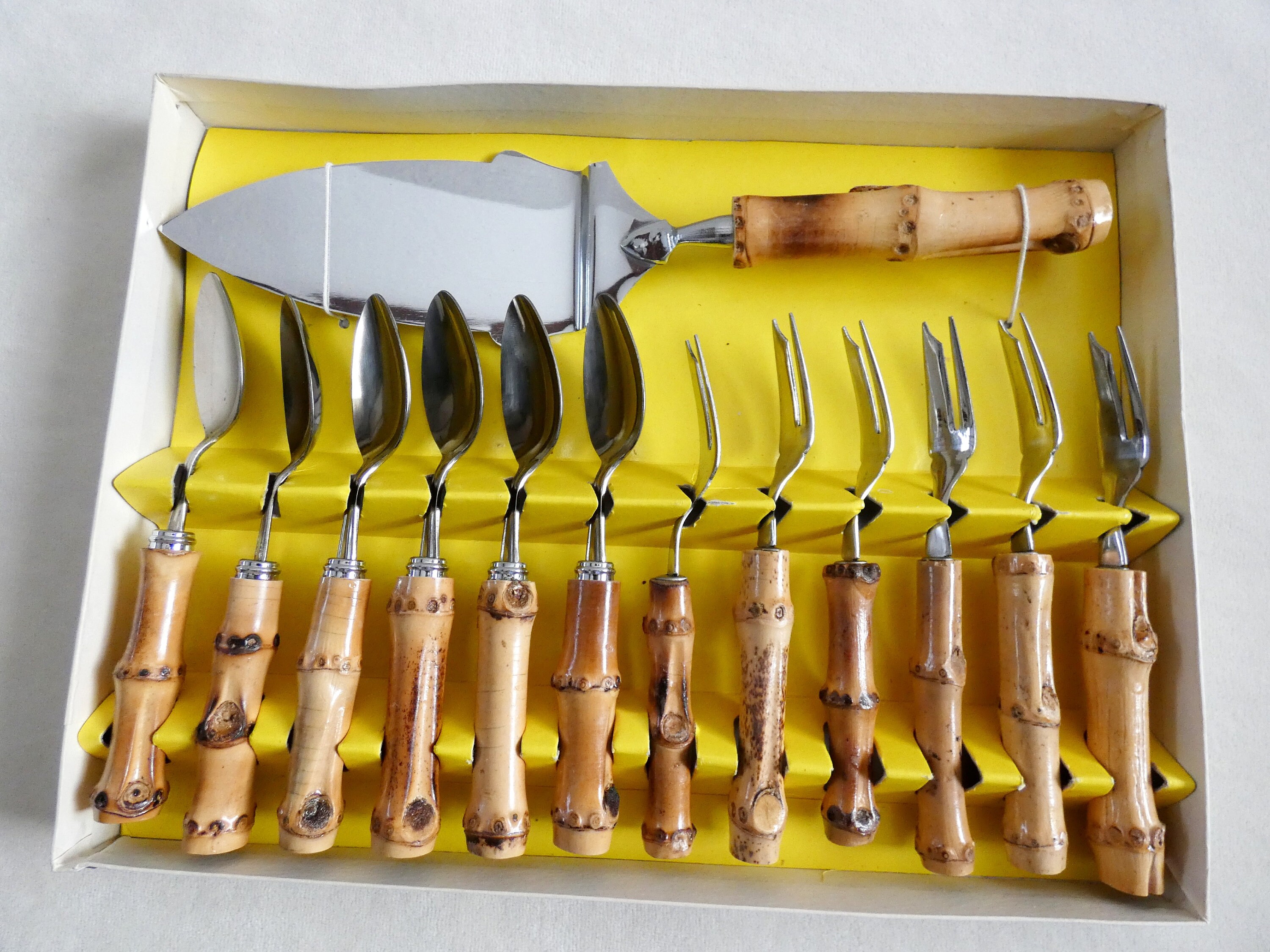 Vintage French Bamboo Handle Dessert Set, Handmade Bamboo Handle Cake Cutlery and Stainless