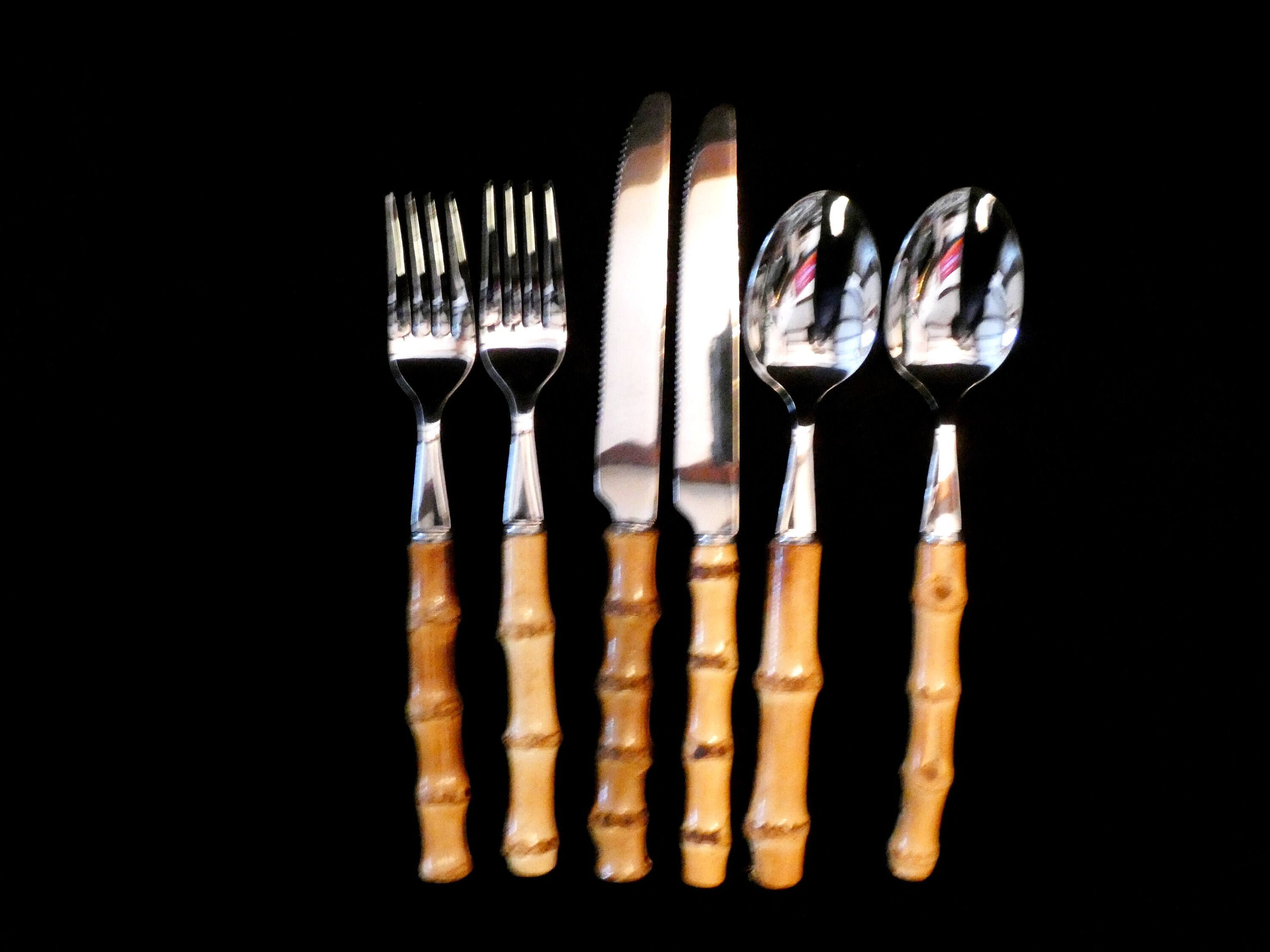 Vintage Bamboo Handle Flatware Set, Natural Bamboo Handle Cutlery and