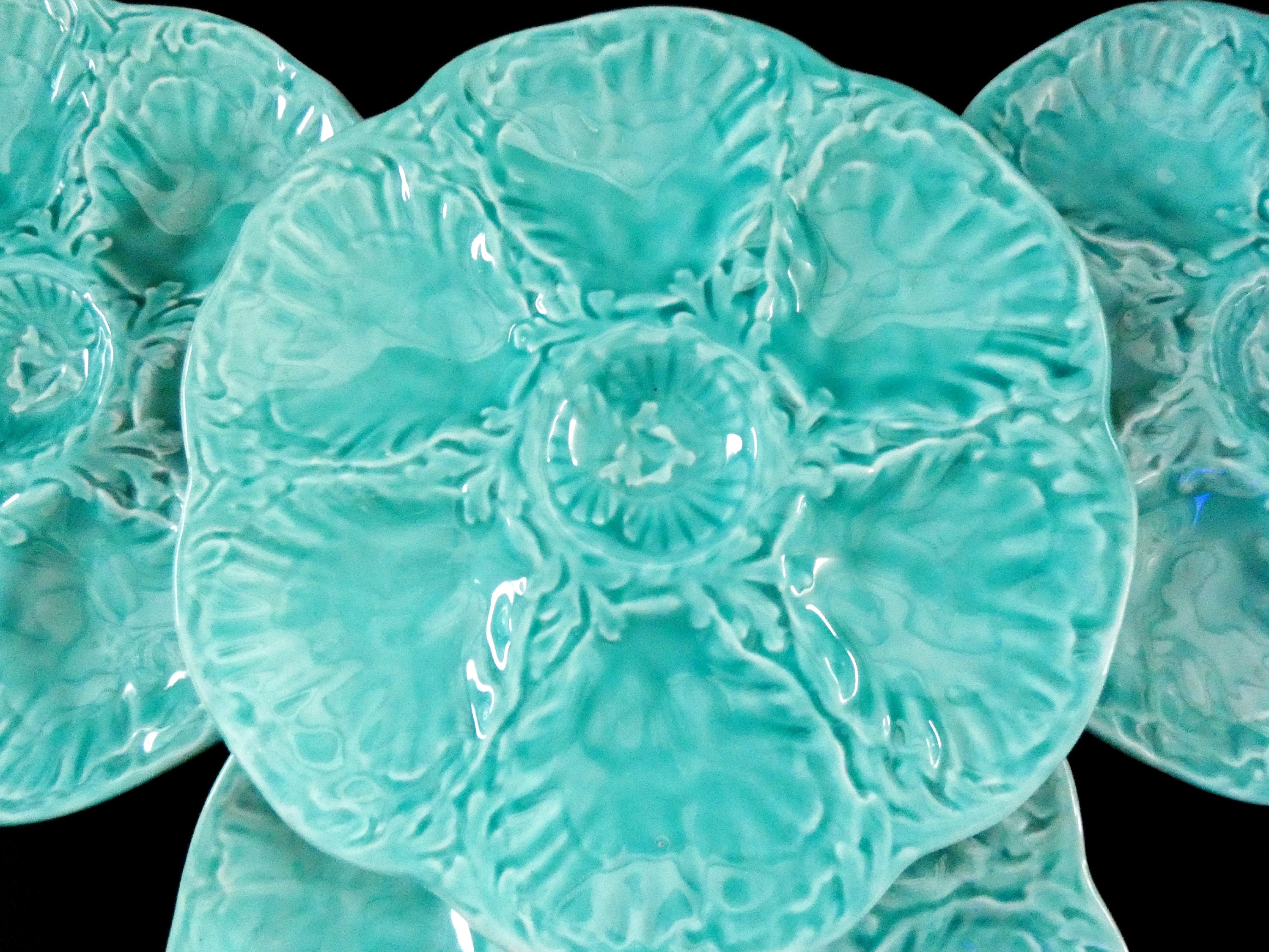 1 Vintage Gien Oyster Plate French Turquoise Majolica Oysters Serving