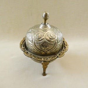 Antique Middle East Caviar Bowl Silvered Brass Caviar Server Dome shaped Embossed Floral Design Caviar Dish