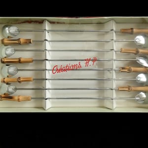 8 French Bamboo Handle Cocktail Spoons Set Long Stem Ice Tea Parfait Spoons Mid-Century French Bamboo Barware Accessories