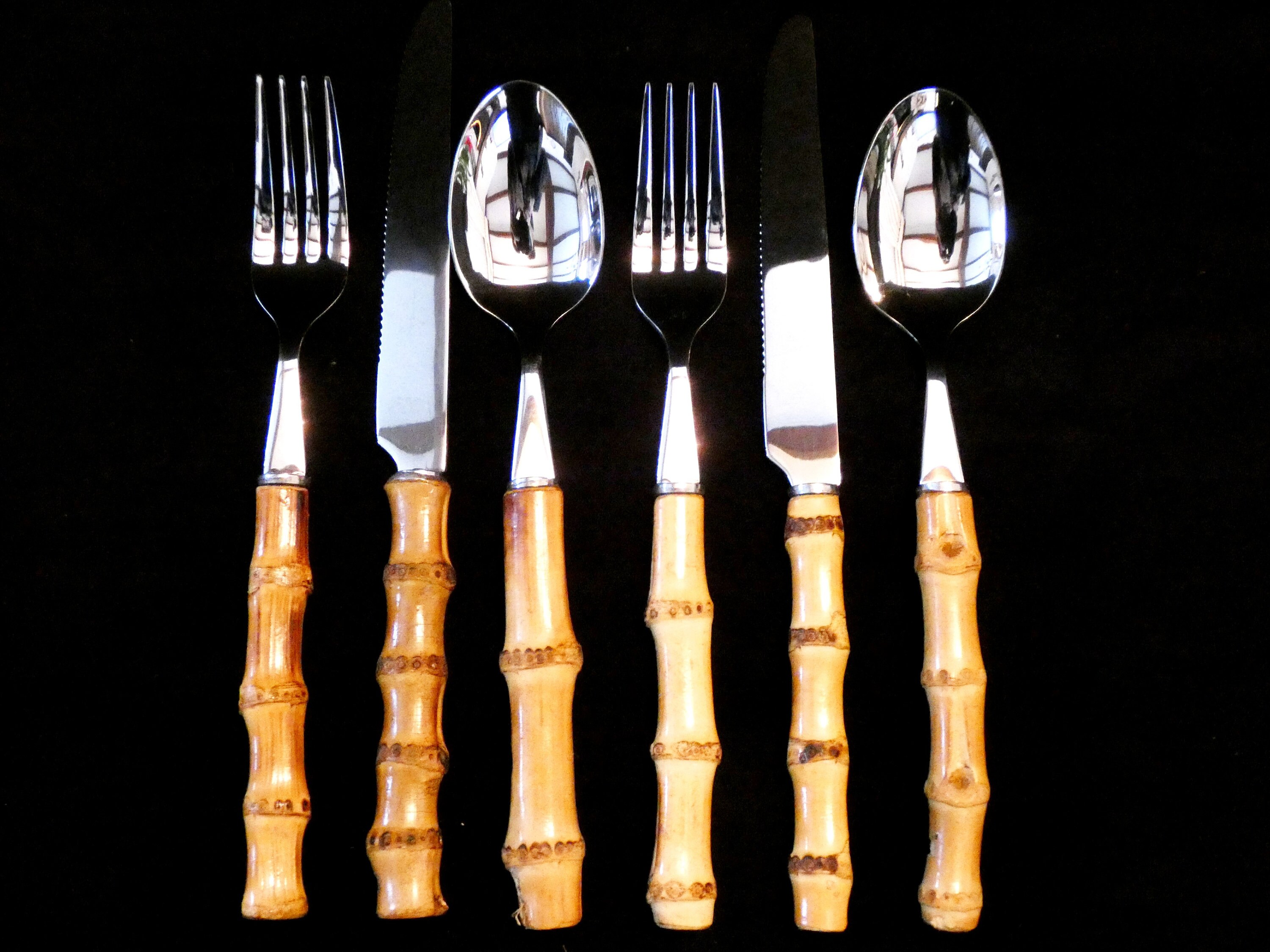 Vintage Bamboo Handle Flatware Set, Natural Bamboo Handle Cutlery and Stainless Steel , 6 pieces