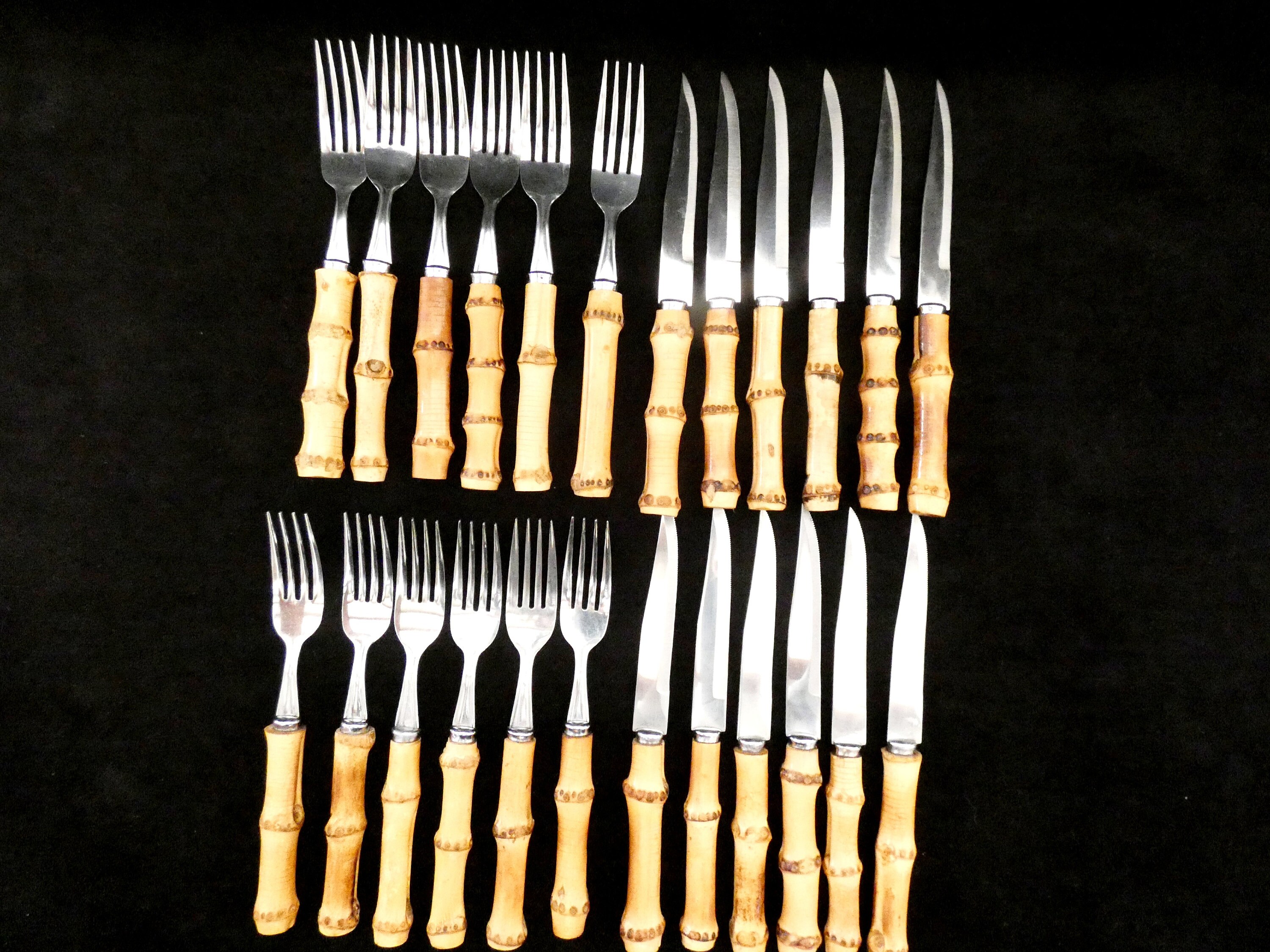 24 Vintage Bamboo Handle Flatware, Bamboo Handle Cutlery Set, Natural Bamboo and Stainless Steel