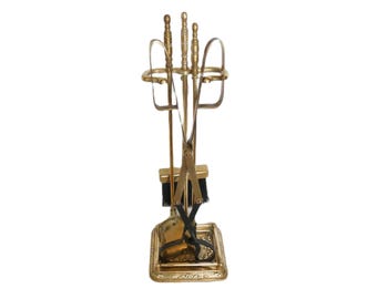 Vintage French Large Fireplace Accessories: Solid Brass Fireplace Tools Set