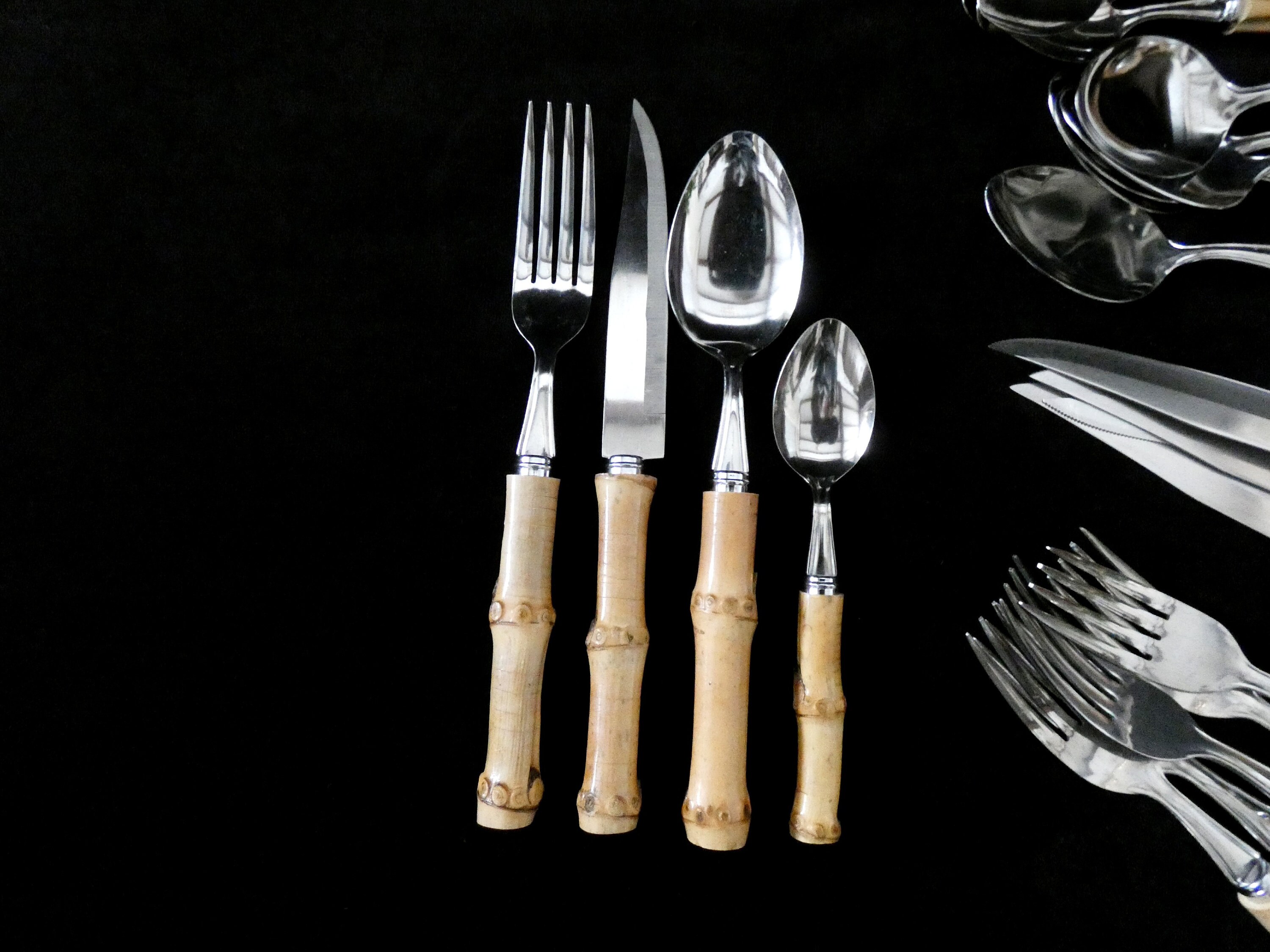 24 Bamboo Handle Cutlery, Vintage Bamboo Handle Flatware Set, Natural Bamboo and Stainless Steel