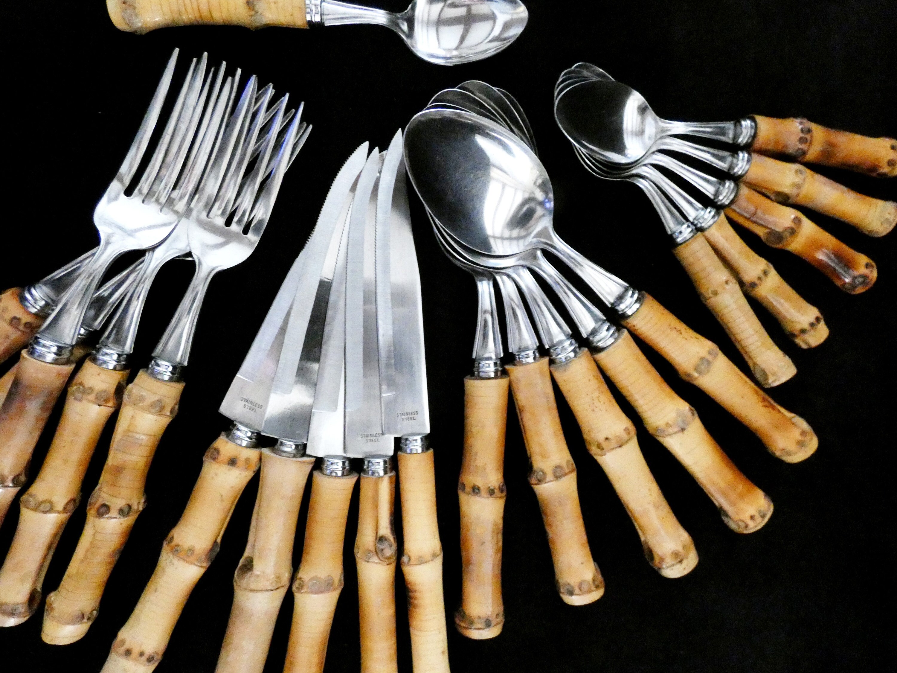 24 Vintage French Bamboo Handle Flatware, Bamboo Handle Cutlery Set, Natural Bamboo and