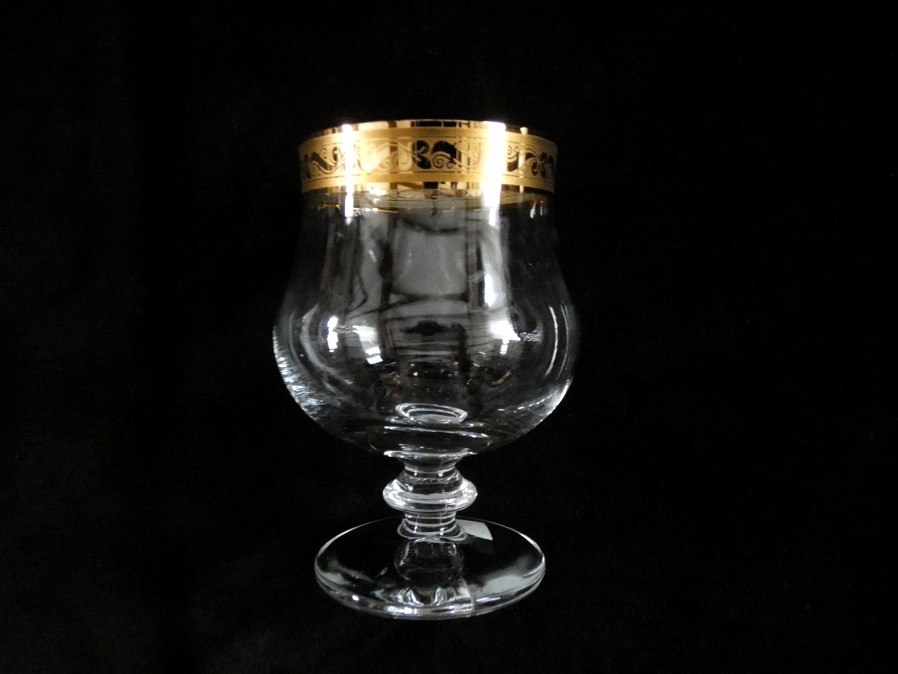 6 Murano Crystal Cognac Glasses 24k Gold Rim, Vintage Italian Brandy