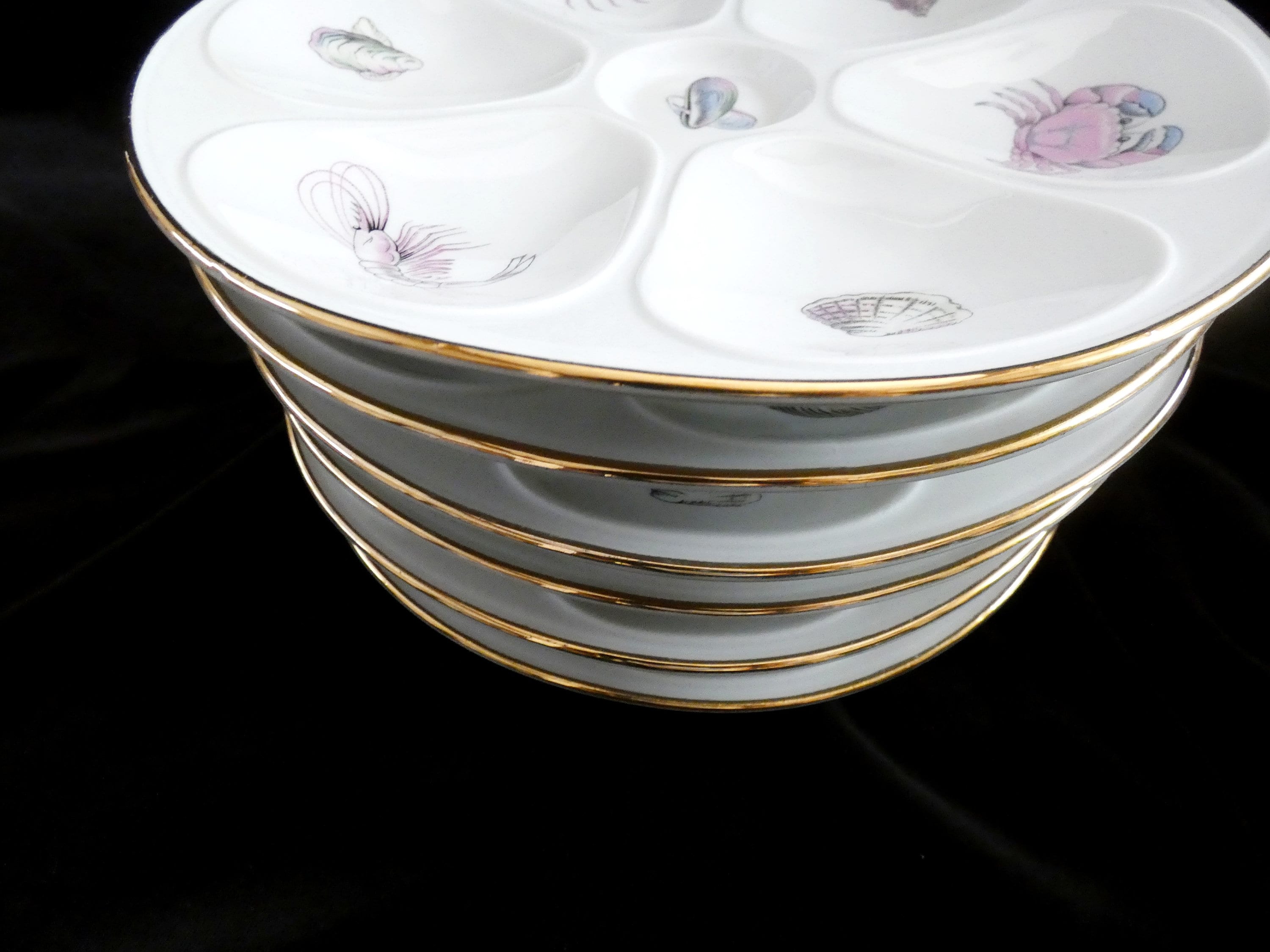 6 Antique Limoges Oyster Plates, Veritable Limoges Porcelain Oyster