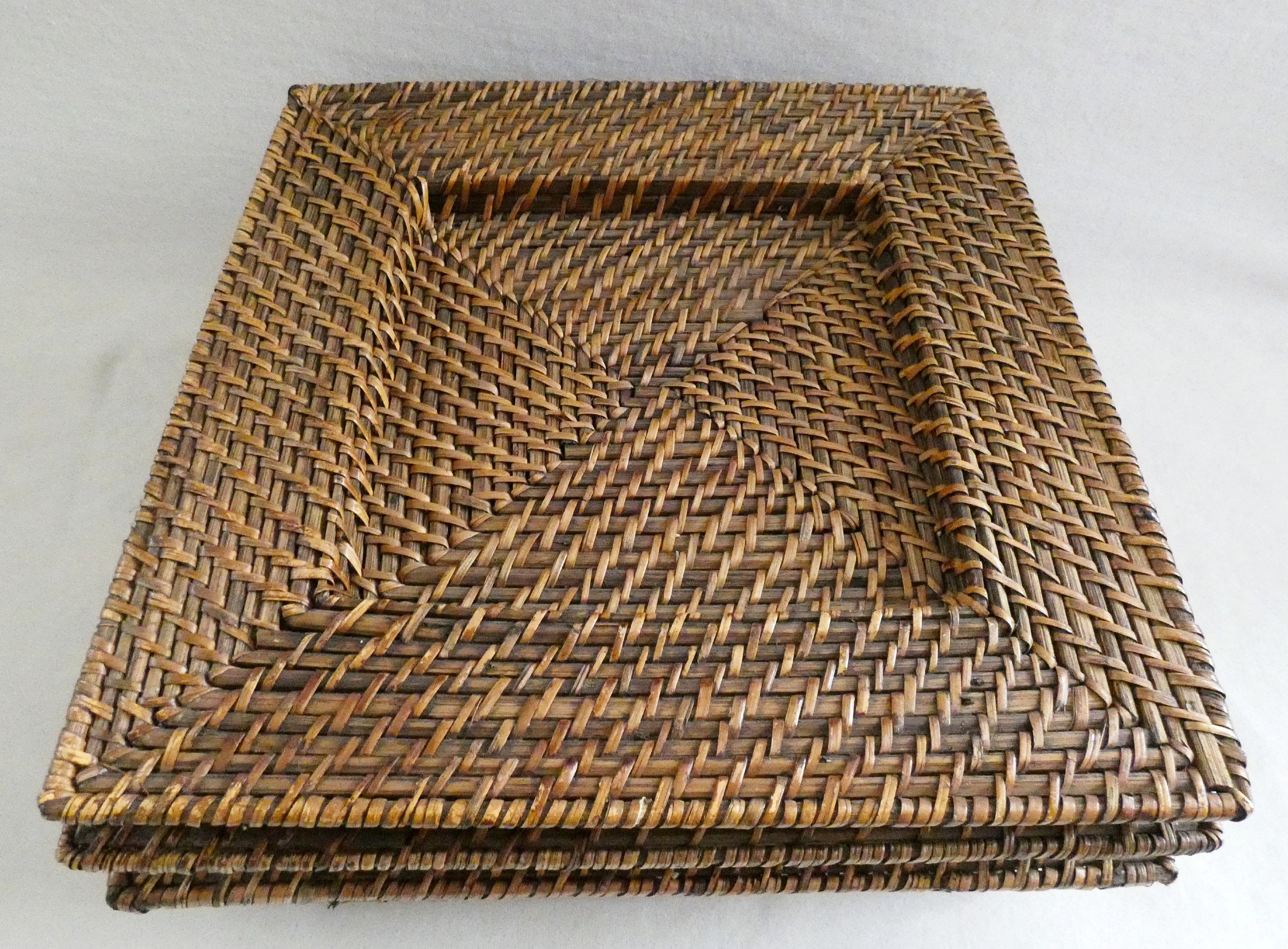 Vintage Rattan Chargers Plates, Wicker Square Placemats, French Weave