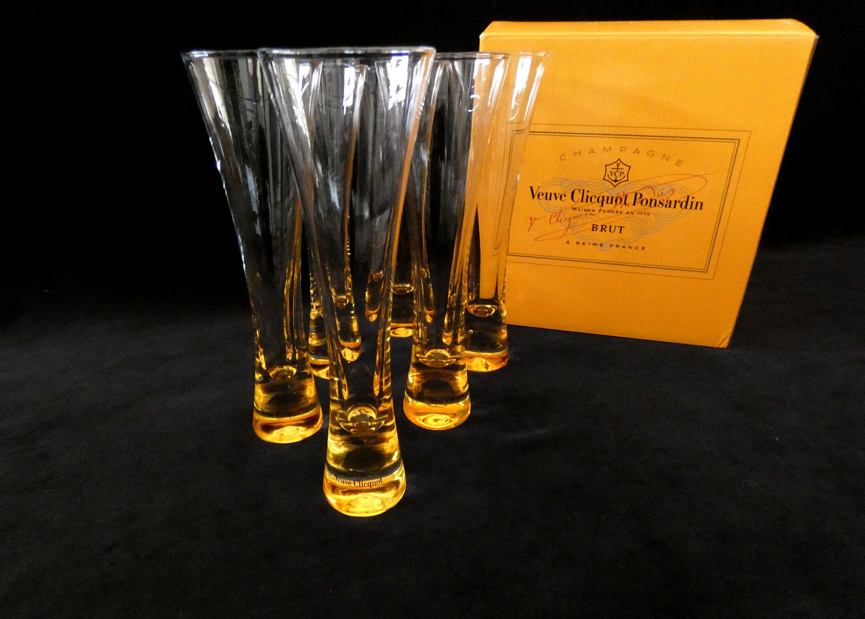 6 Veuve Clicquot Champagne Glasses, VCP Champagne Flutes, Collectable