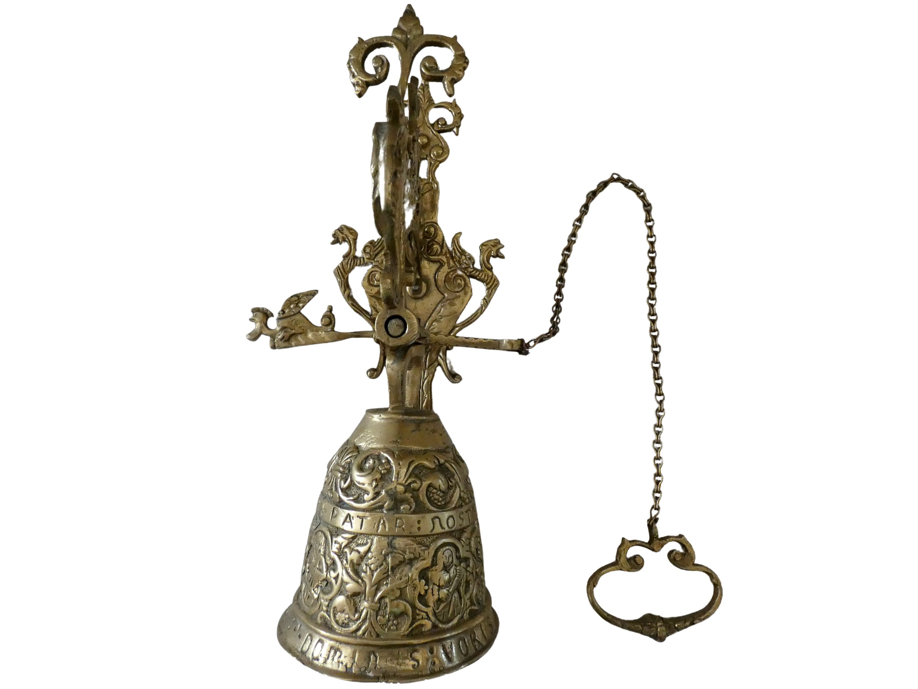 Large Antique French Gothic Brass Door Bell Wall Mount Ornate Monastery  Bell Metal Chained Early 20th Century
