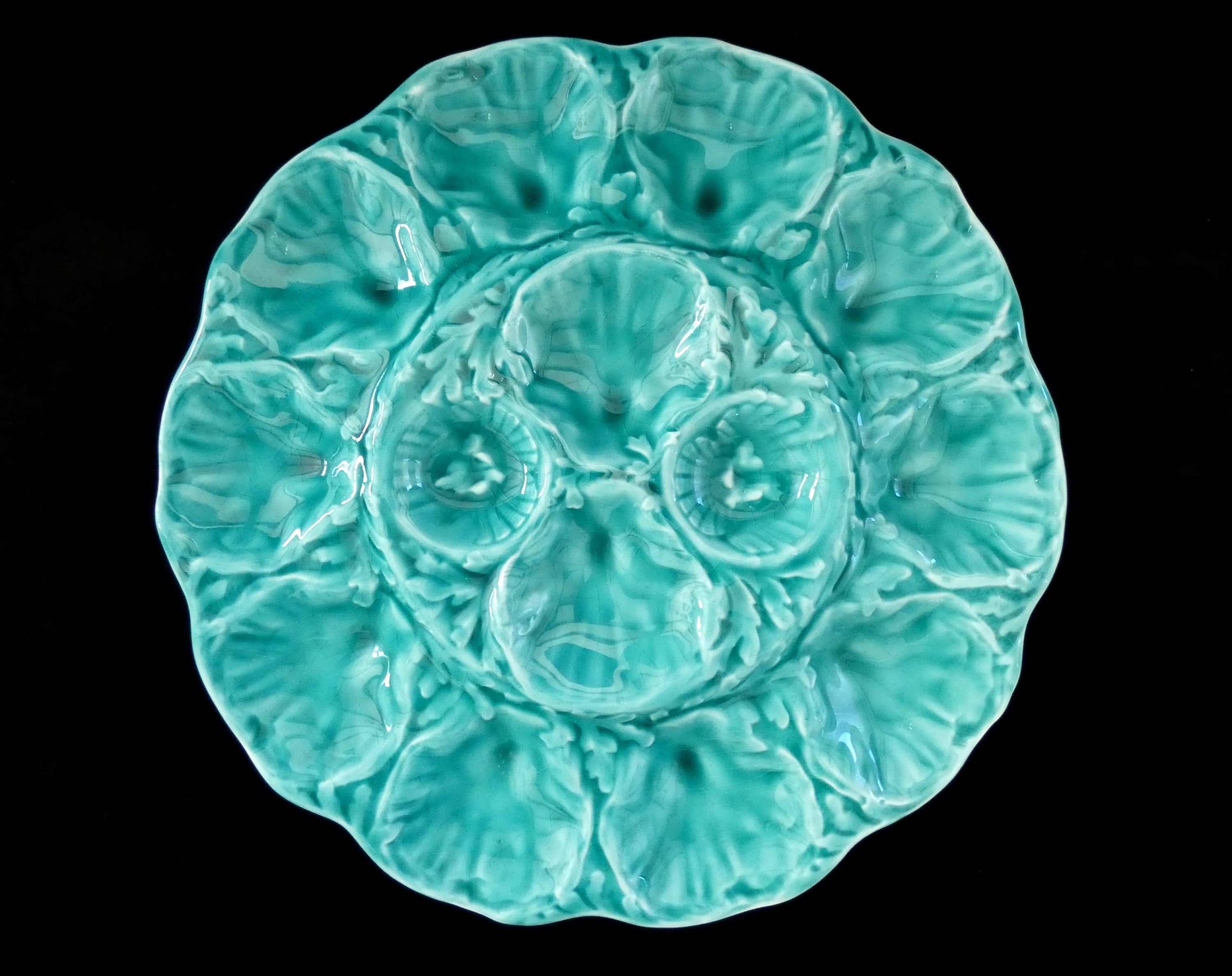 Gien France Large Turquoise Oyster Plate, French Oyster Platter