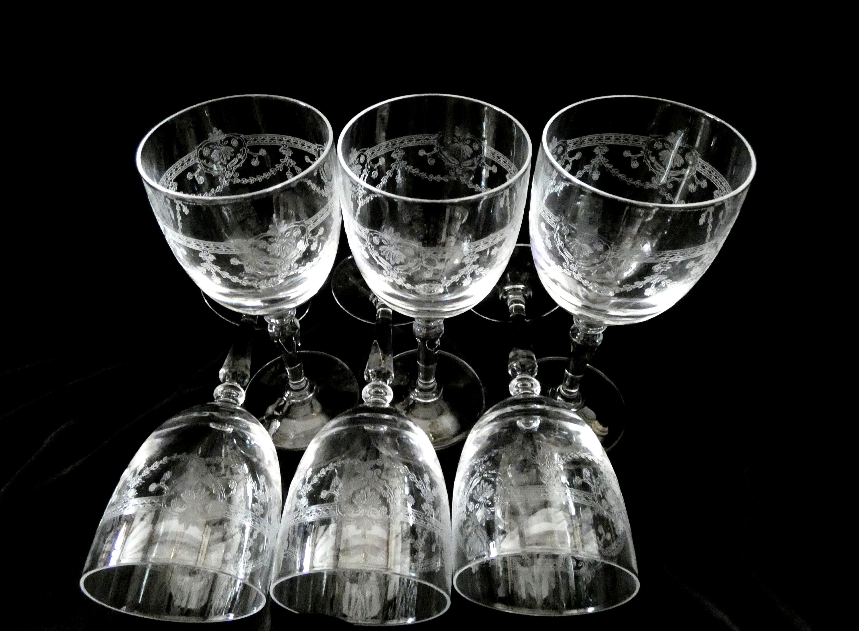 Antique Etched Crystal Wine Glasses, Vintage French Engraved Glasses