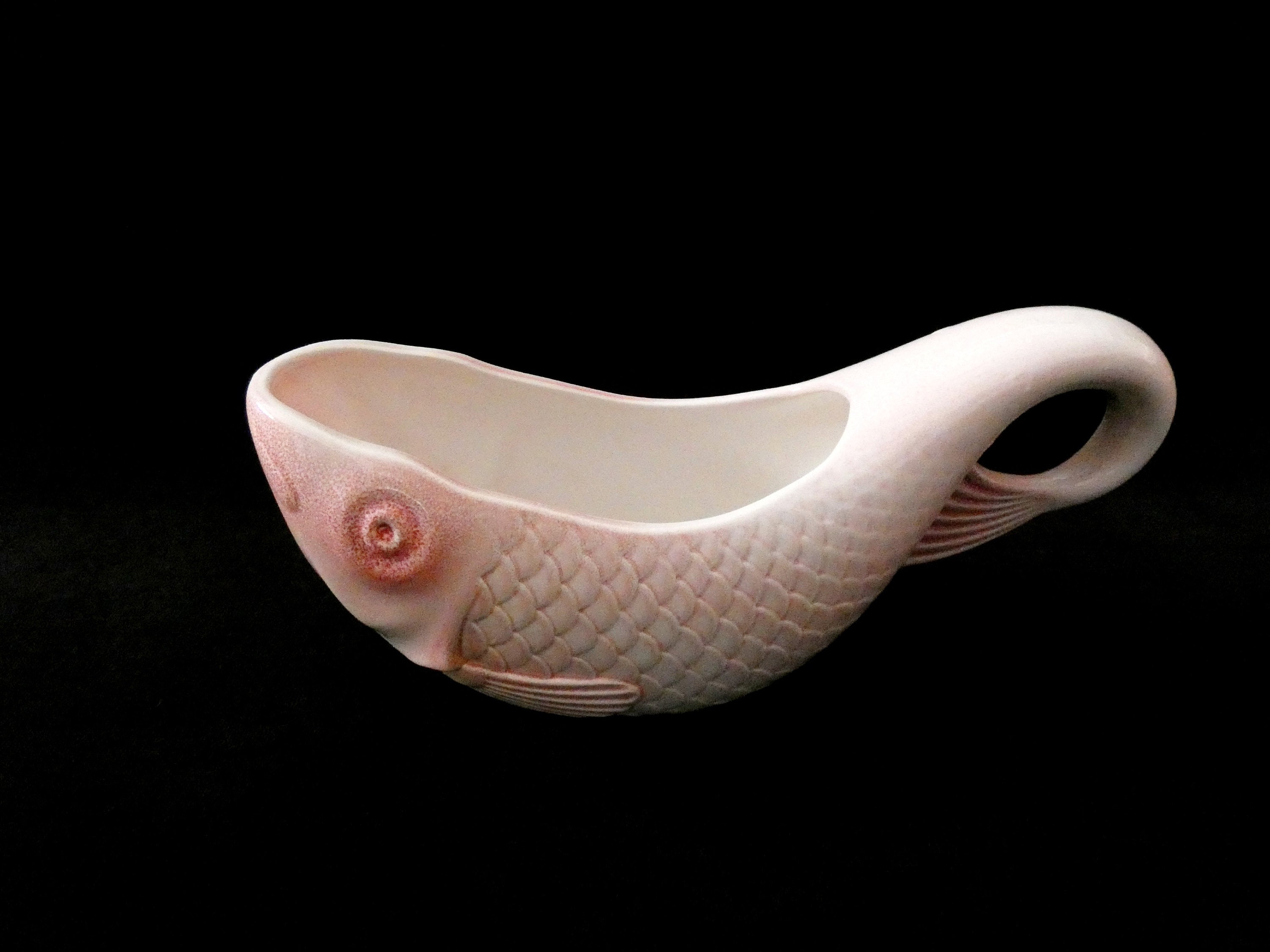 Vintage French Fish Shaped Gravy Boat, Pink Majolica Sauce Boat, Salins