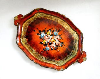 Vintage Italian Tray, Florentine Red and Gold Wooden Vanity Serving Tray Display 50s
