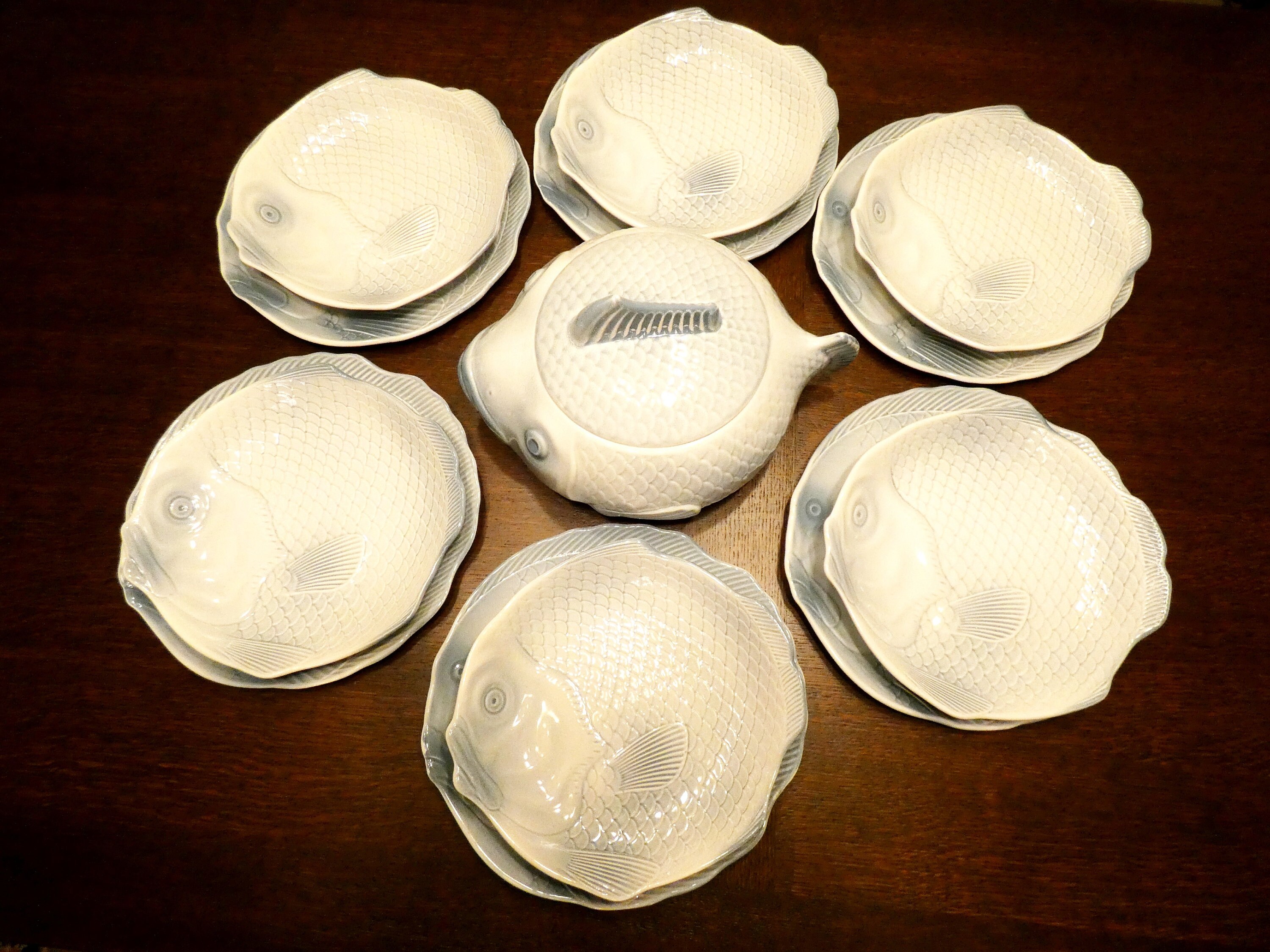 6 Antique French Majolica Blue Fish Plates, Vintage Fish Dinnerware