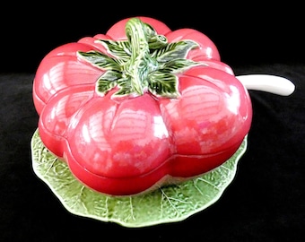 Large French Tomato Tureen, Vintage Majolica Tomato Soup Bowl, Mid Century Red Tomato Shaped French Ceramic Dish