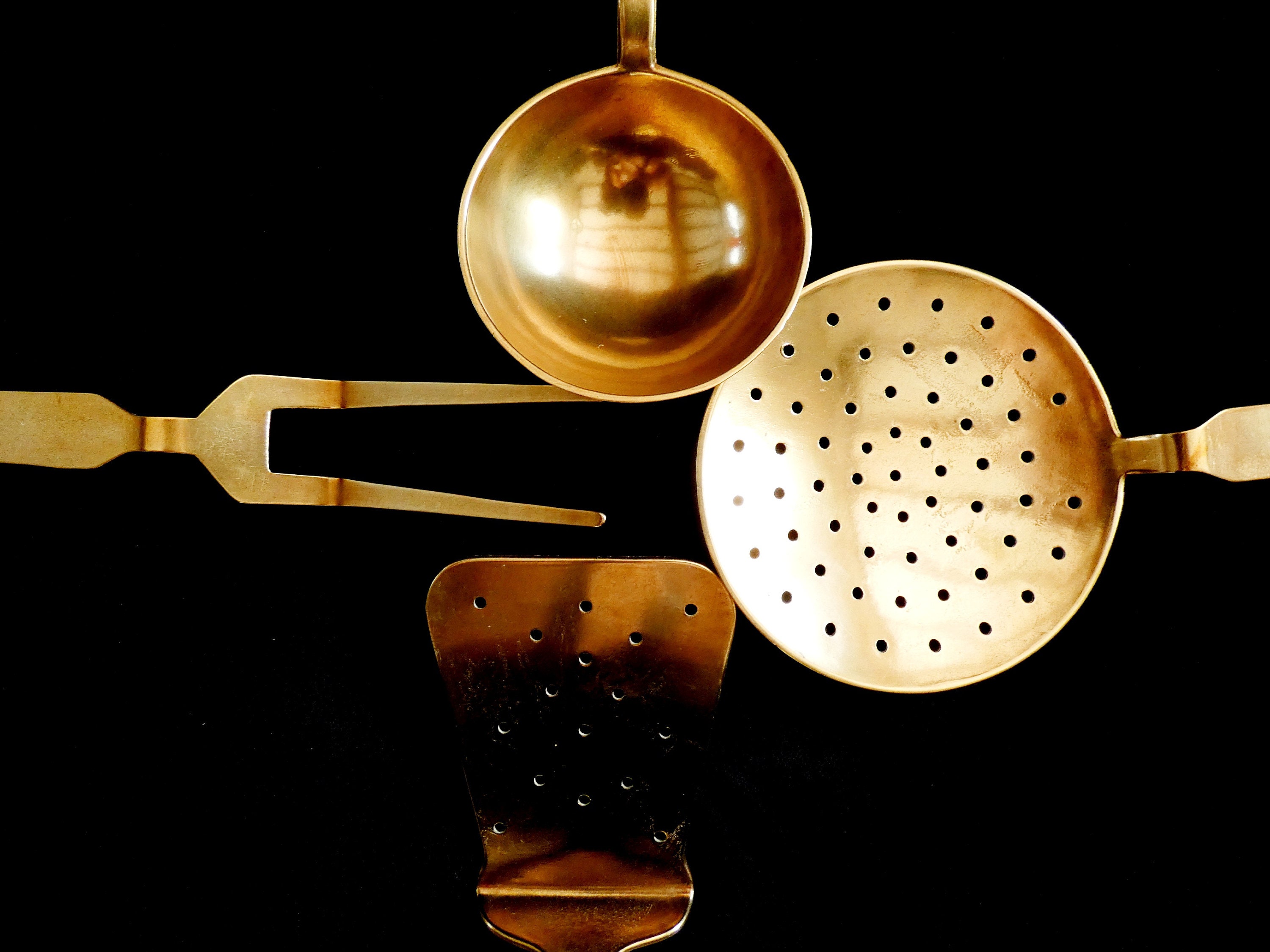 Vintage Brass Kitchen Utensils, Antique Portuguese Wall Hanging Cooking