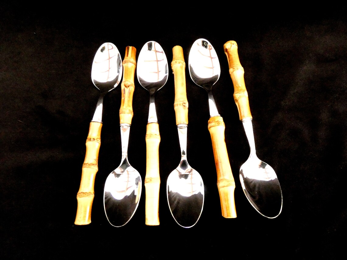 6 Vintage Natural Bamboo Handle Tea Spoons Handmade Bamboo Etsy