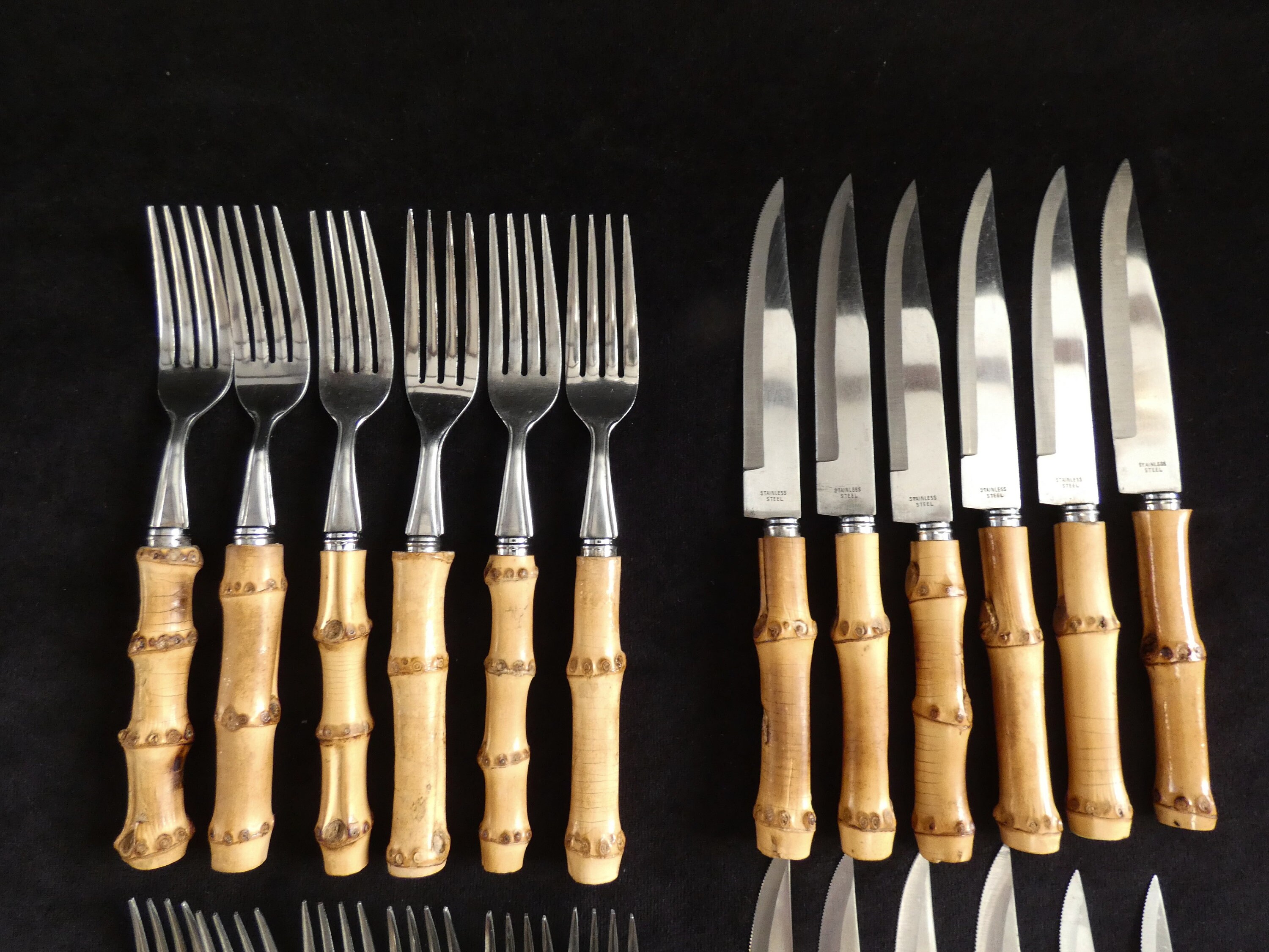 Vintage French Bamboo Handle Flatware, Bamboo Handle Cutlery Set, Natural Bamboo and Stainless