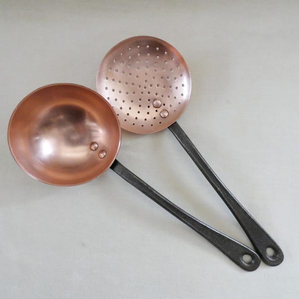 French Copper ladle Vintage Copper Skimmer Mid Century Copperware Utensils Set