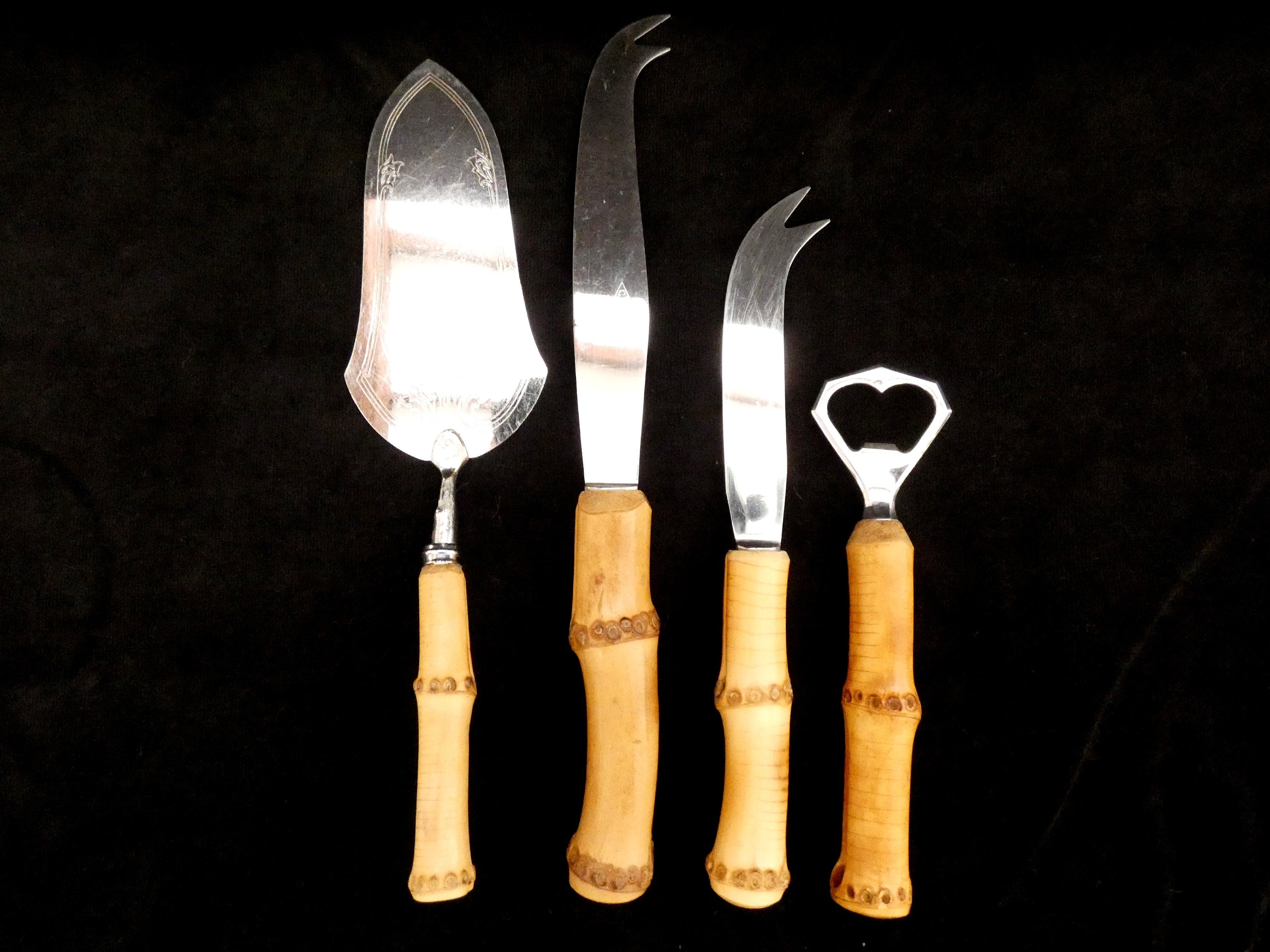 4pcs. Bamboo Handle Serving set, Vintage Natural Bamboo Handle Cutlery and Stainless Steel