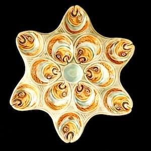 19th Century Majolica Fish Heads Oyster Plate Antique French Ceramic Palissy Star Platter