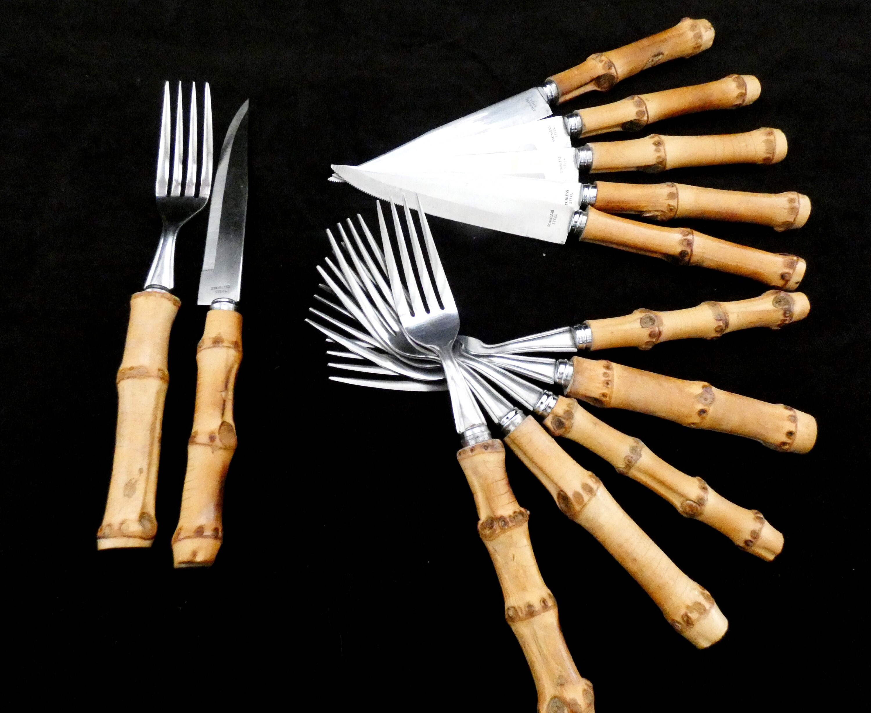 Vintage French Bamboo Handle Flatware, Bamboo Handle Cutlery Set, Natural Bamboo and Stainless