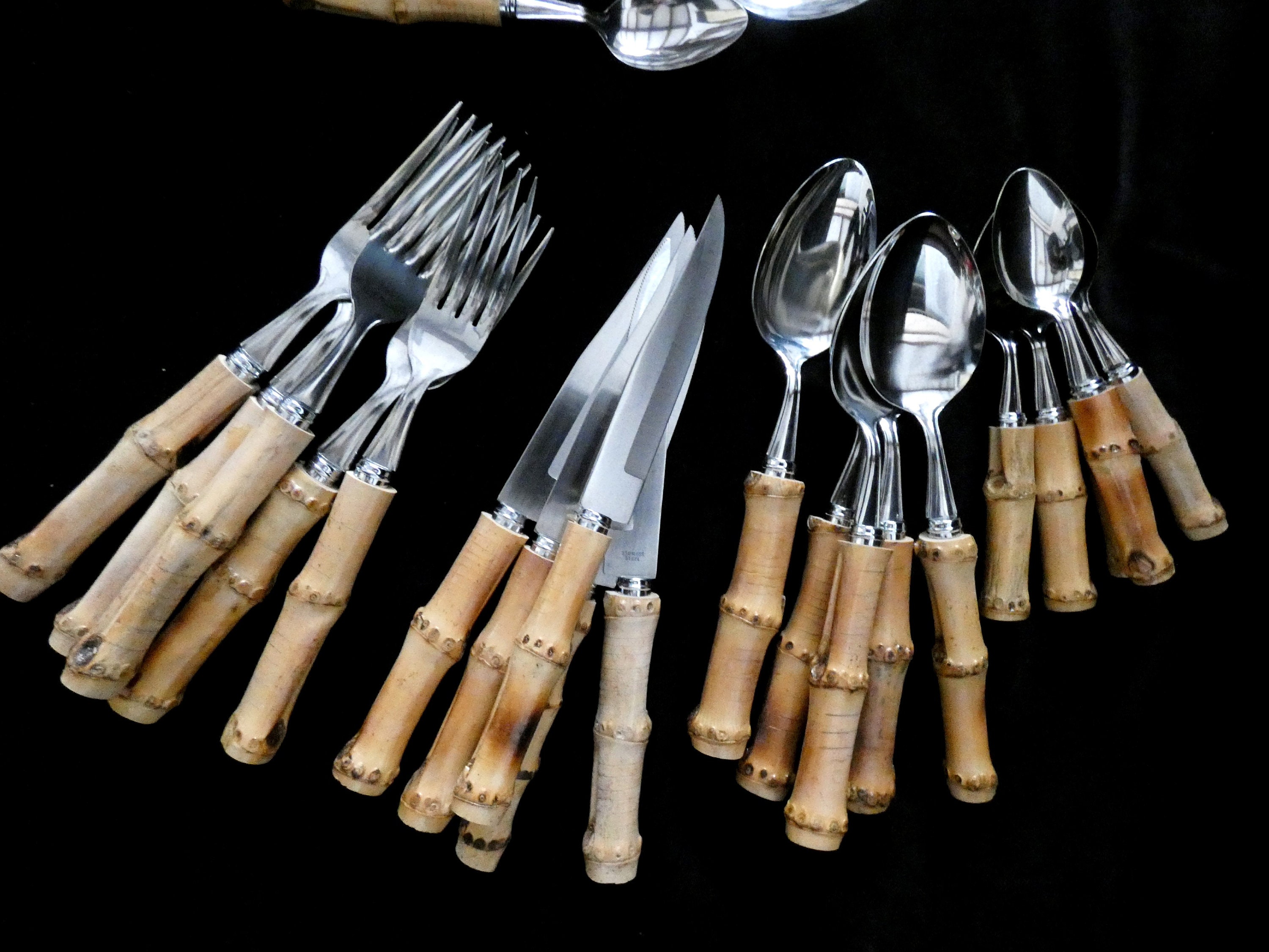 24 Bamboo Handle Cutlery, Vintage Bamboo Handle Flatware Set, Natural Bamboo and Stainless Steel
