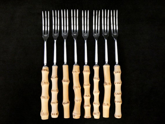14 pcs Bamboo Handles Dessert Cutlery Solingen Cutlery Handmade Bamboo Handles Cake Set and Stainless Steel 70s