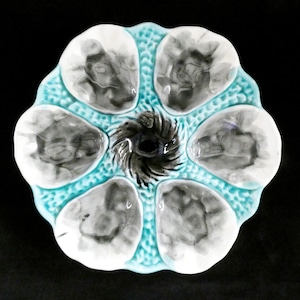 Rare Antique Orchies Oyster Plate Moulin Des Loups French Turquoise White Gray Majolica Ceramics 19th century