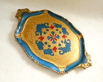 Vintage Italian Florentine Tray: Baroque Gold, Blue & Red Vanity Decor