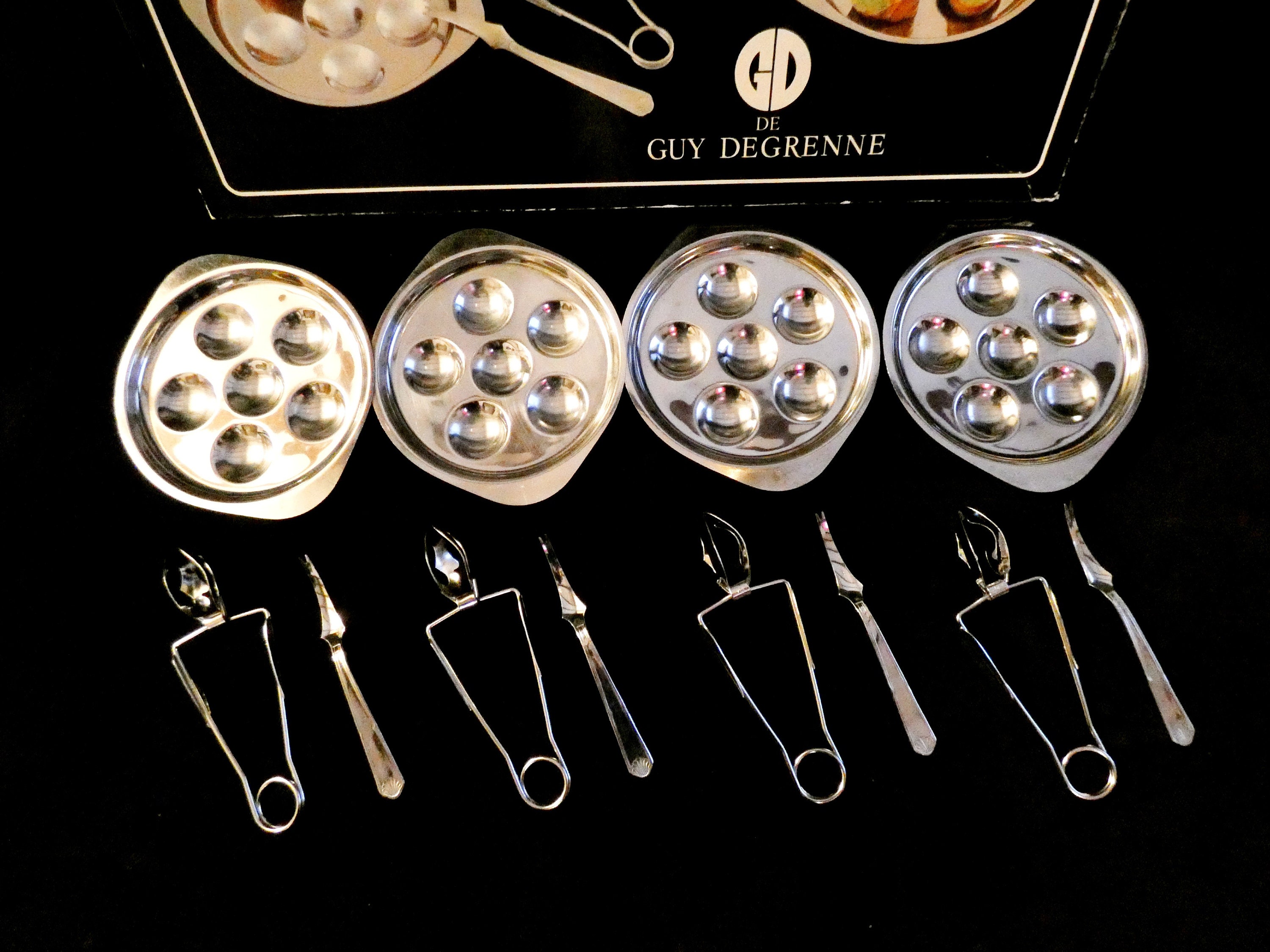 4 French Snail Plates Stainless Steel Escargot Set Guy Degrenne