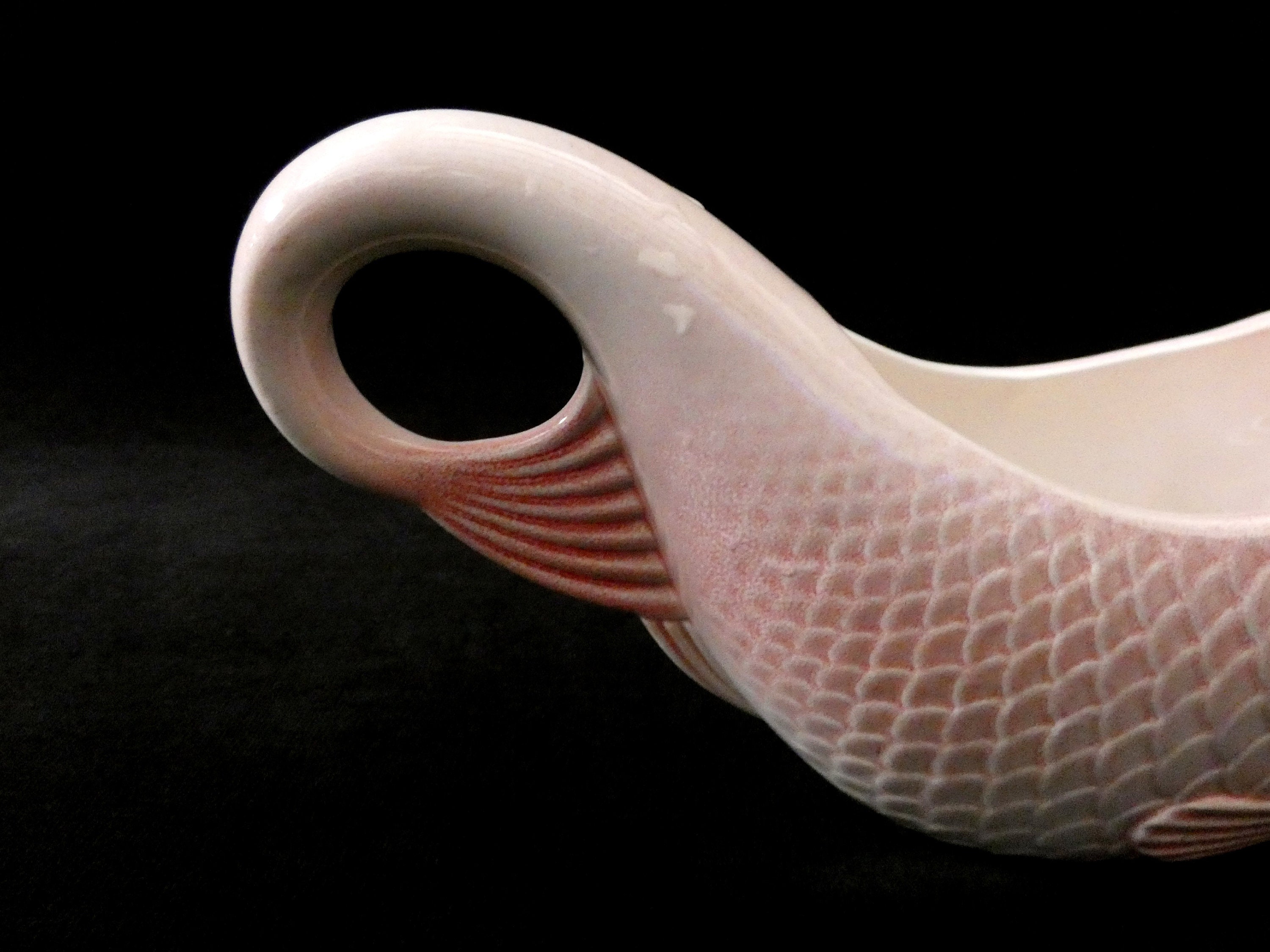Vintage French Fish Shaped Gravy Boat, Pink Majolica Sauce Boat, Salins