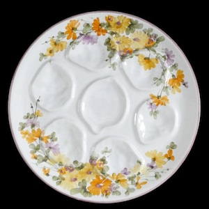 Vintage S Mottet Oyster Plate French White Majolica Ceramic Hand Painted Yellow Orange Purple Flowers Decor 50-60s