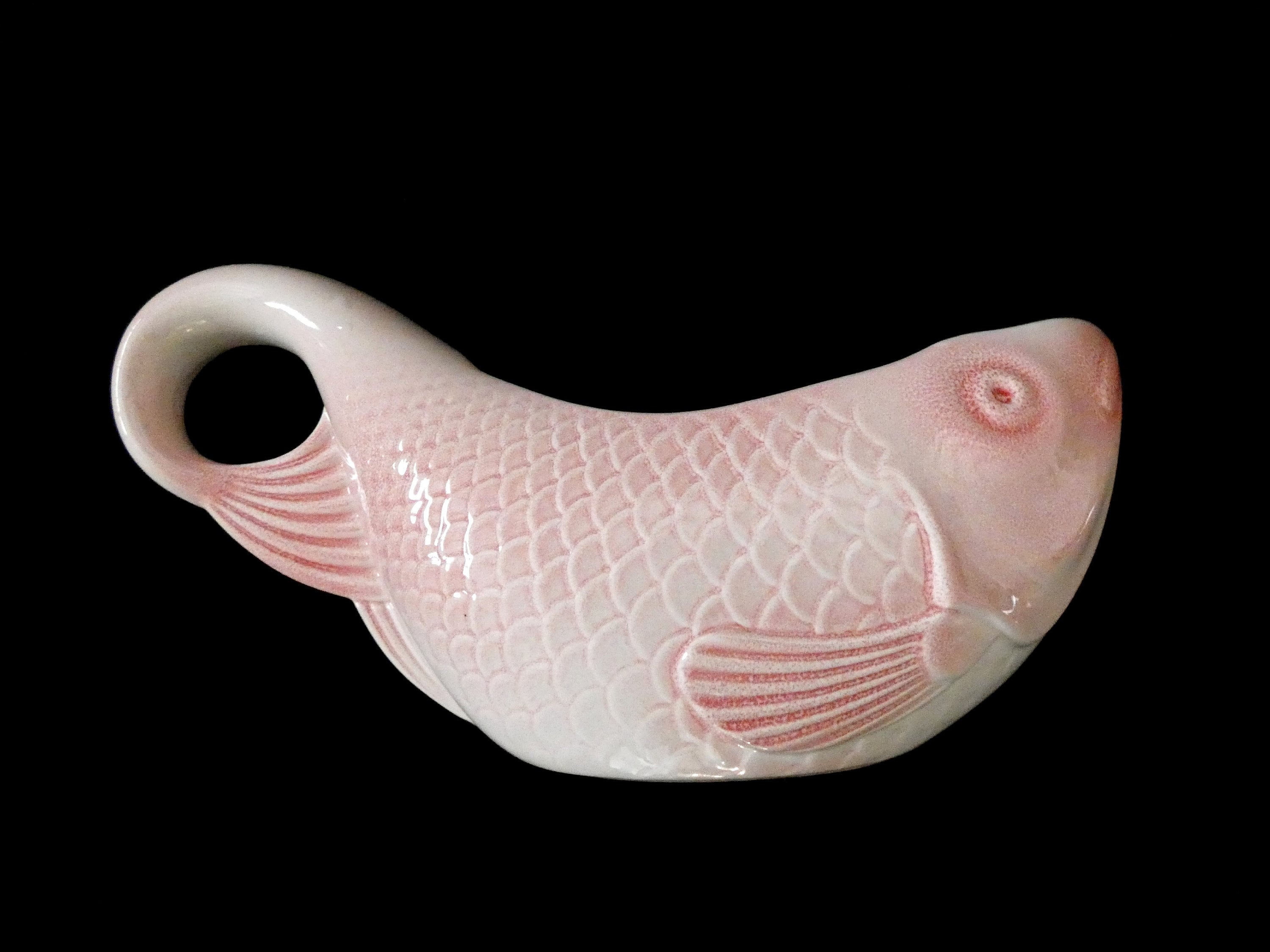 Vintage French Fish Shaped Gravy Boat, Pink Majolica Sauce Boat, Salins