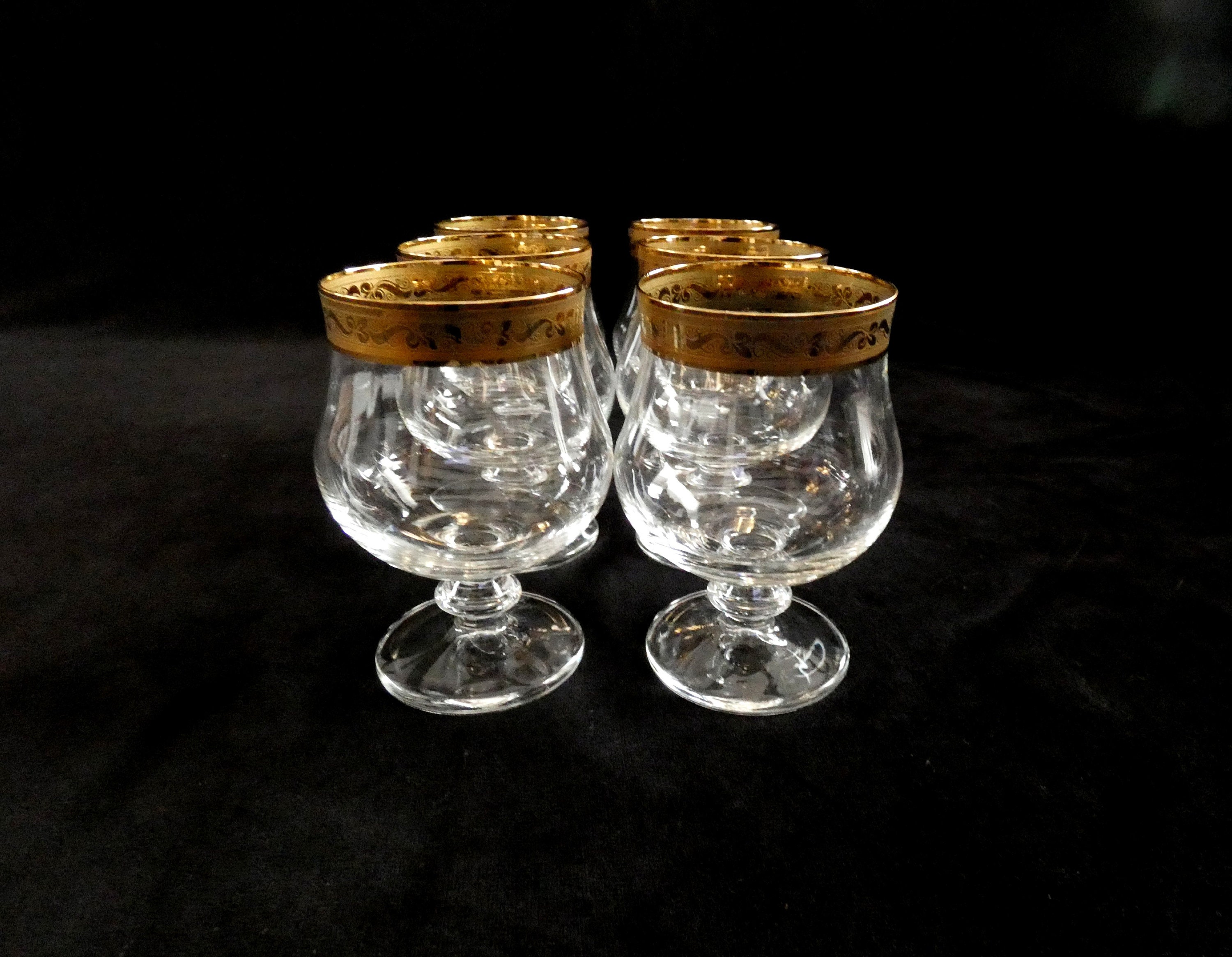 6 Murano Crystal Cognac Glasses 24k Gold Rim, Vintage Italian Brandy