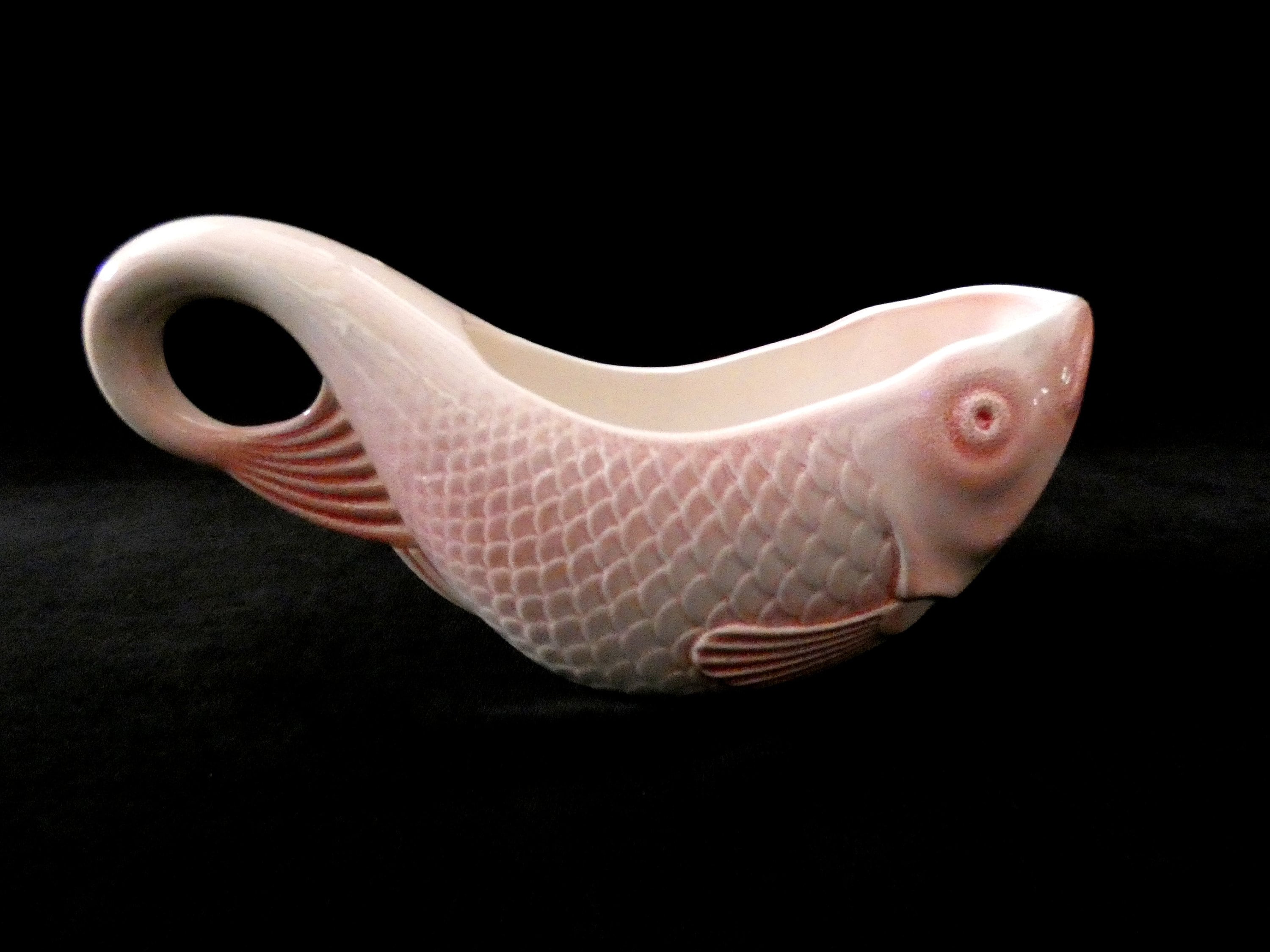 Vintage French Fish Shaped Gravy Boat, Pink Majolica Sauce Boat, Salins
