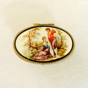 Vintage French Pill Box Small Gold Metal Pocket Box Renaissance Romantic Scenes Decoration Collectible Box 50s