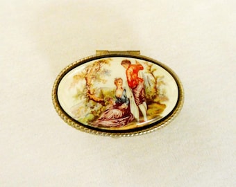 Vintage French Pill Box Small Gold Metal Pocket Box Renaissance Romantic Scenes Decoration Collectible Box 50s