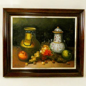 French Vintage Still Life Oil on Canvas Painting Jug Pitcher Fruits on Table, Signed