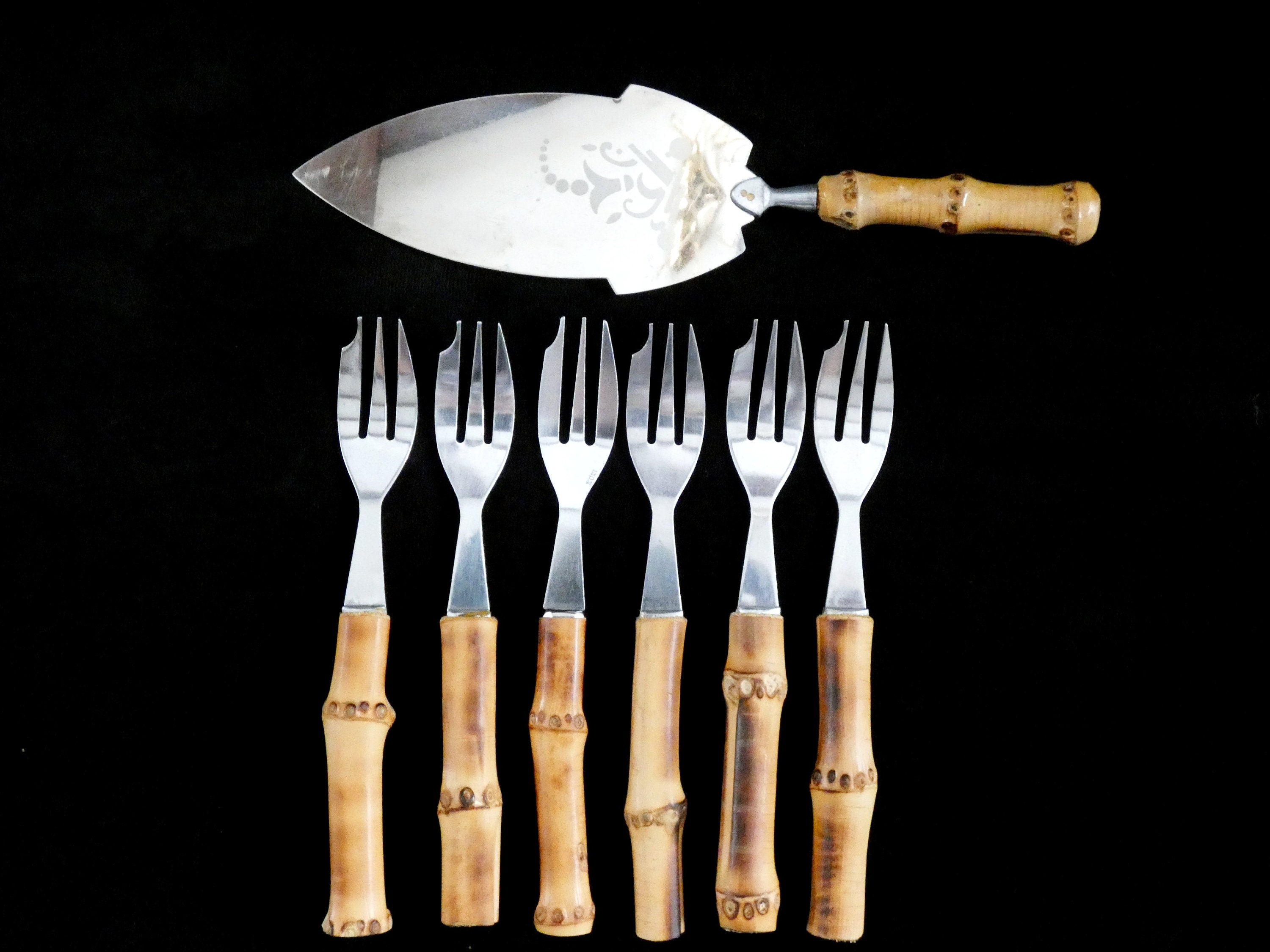 6 Bamboo Handle Dessert Forks Bamboo Handle Cake Server Handmade Bamboo