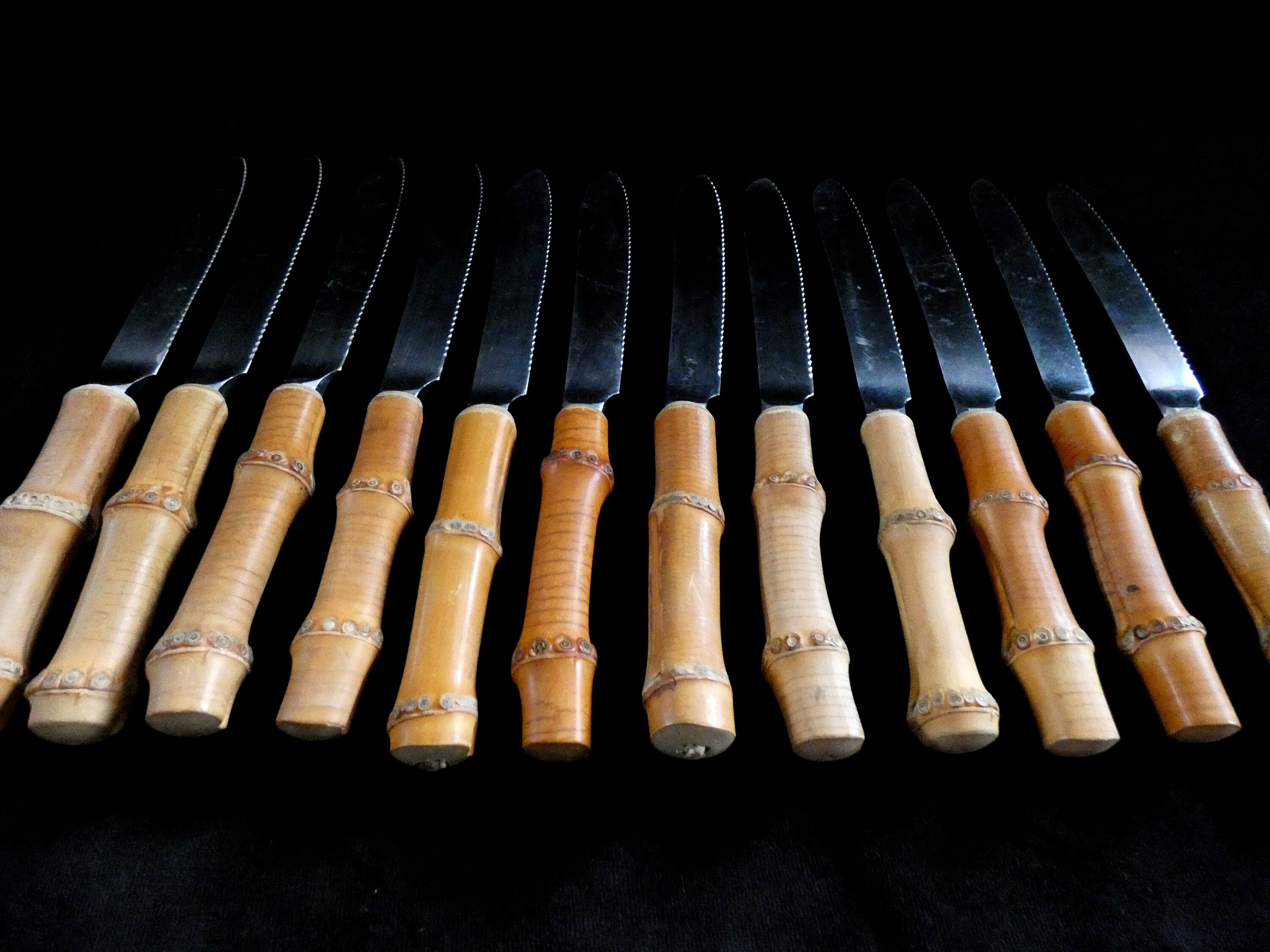 12 Vintage Bamboo Handle Flatware and Stainless Steel, Bamboo Handle