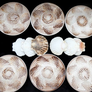 6 Digoin Sarreguemines Oyster Plates, Vintage French Oyster Platters, Majolica Pottery Sarreguemines Oyster Plates, France 60s