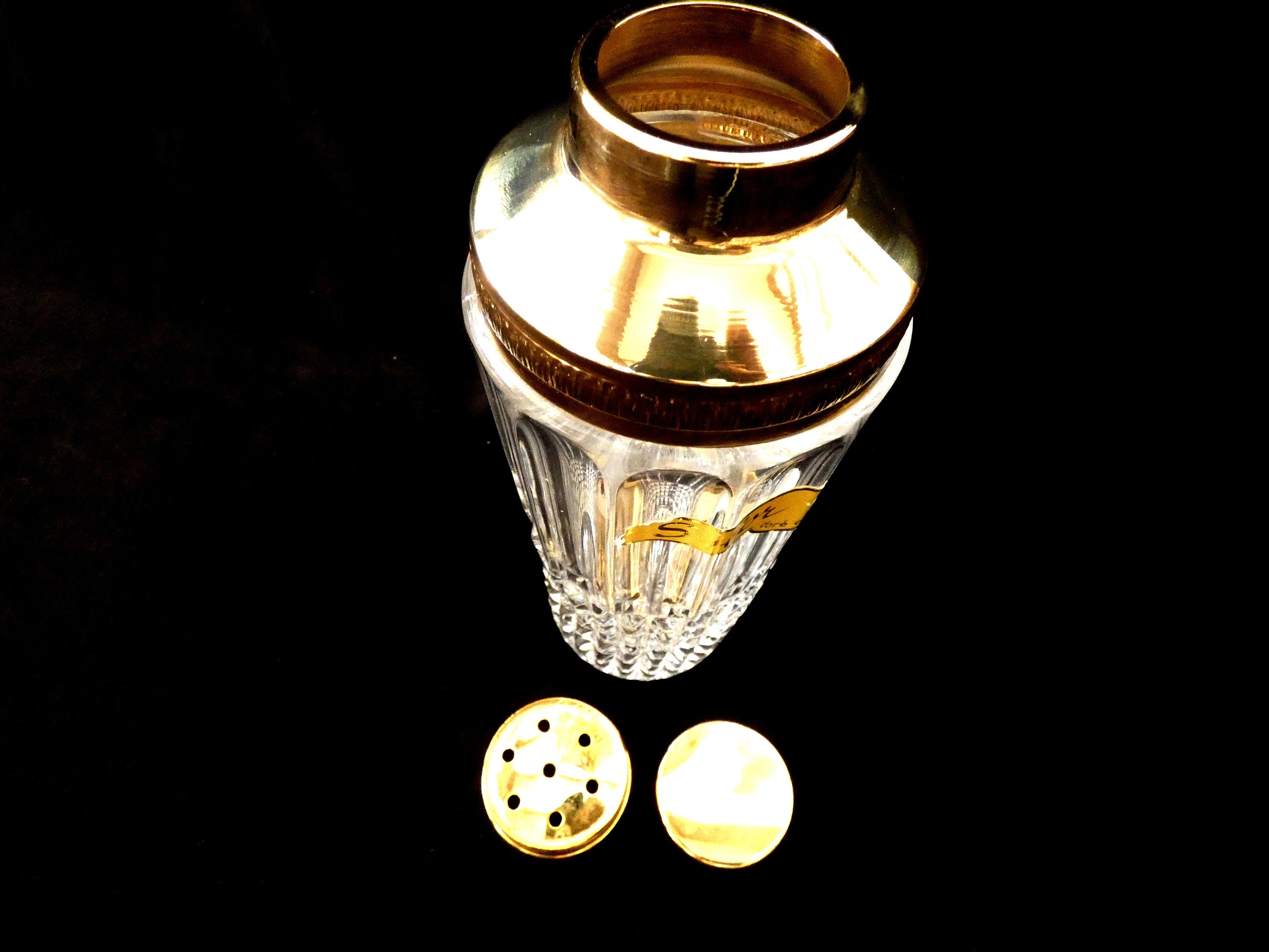 Vintage Crystal Glass Cocktail Shaker, French Cocktail Shaker Gold Top, Barware Bar Accessories 60s